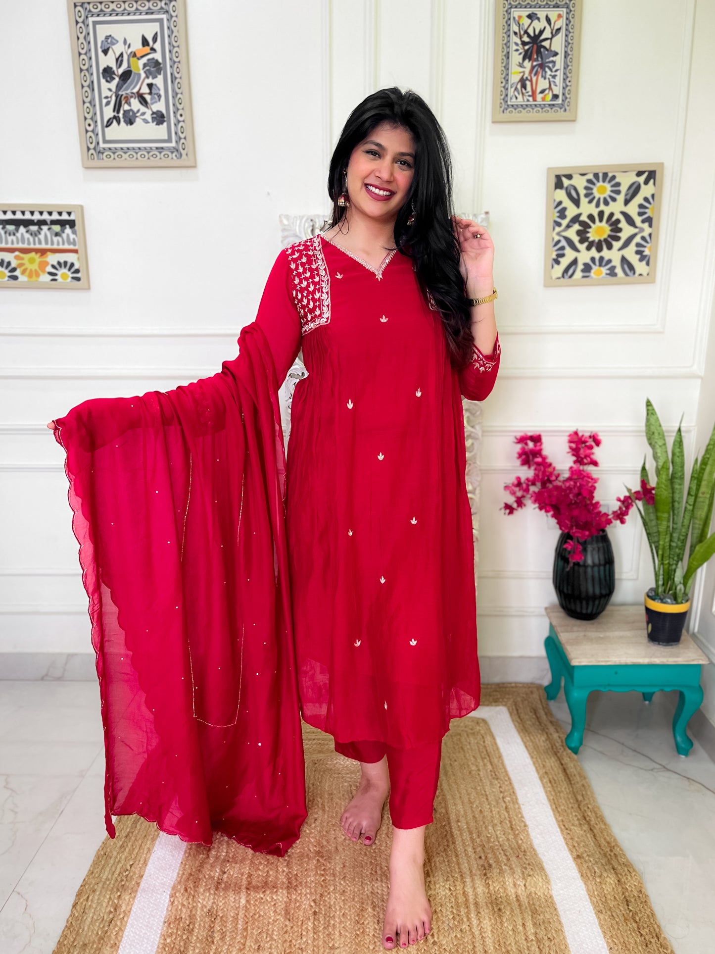 Pure Mul Chanderi gather Suit set with intricate hand embroidery- Red