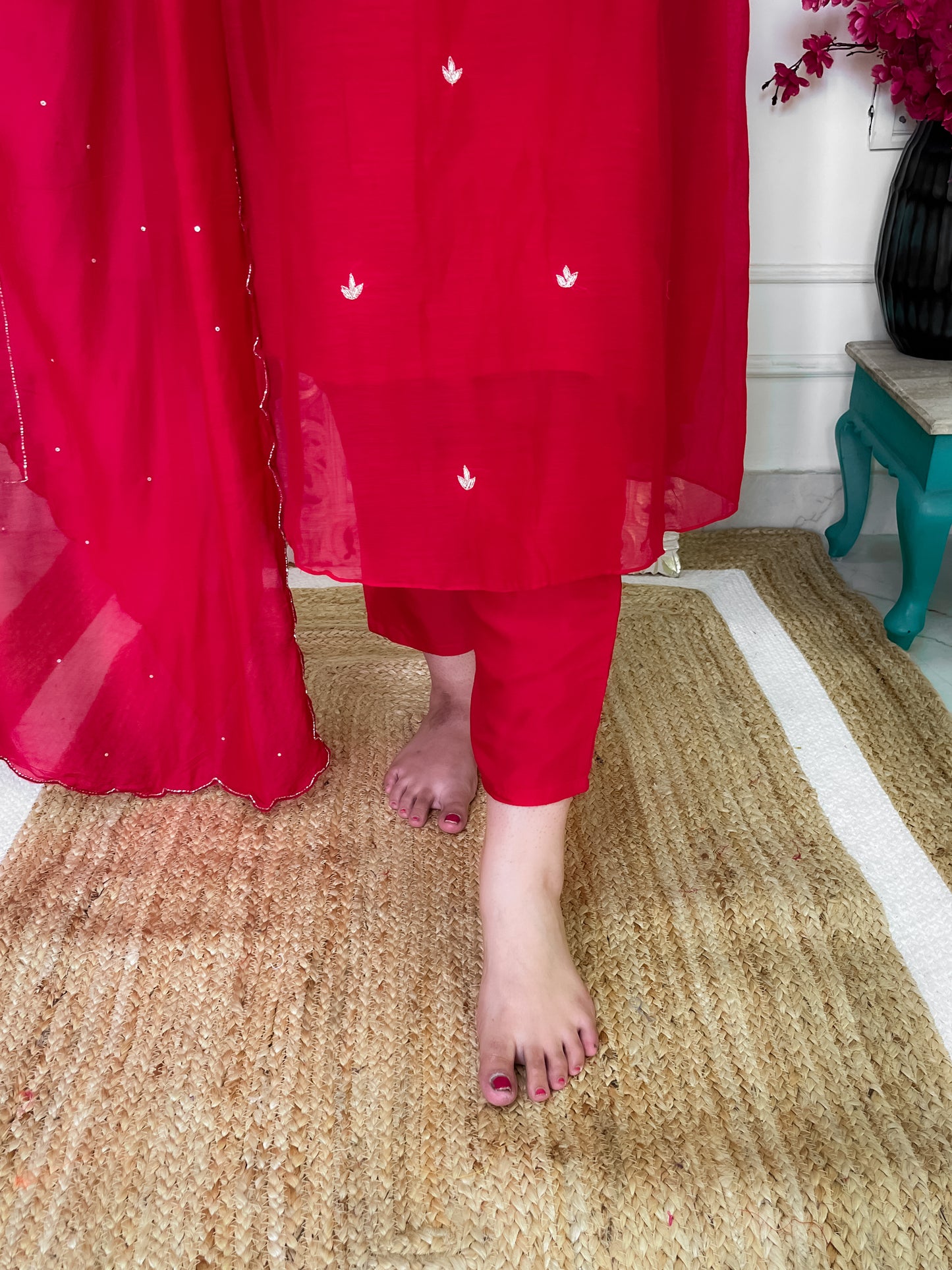 Pure Mul Chanderi gather Suit set with intricate hand embroidery- Red