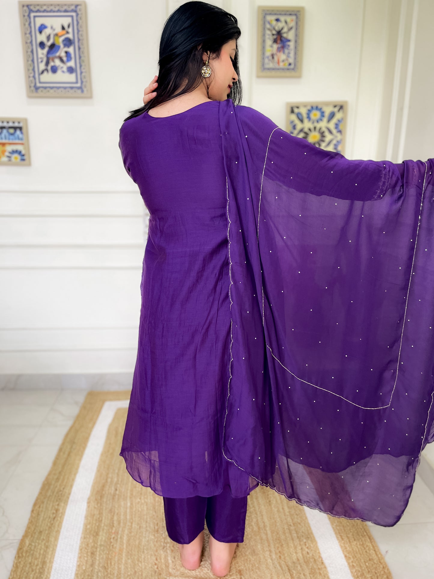 Pure Mul Chanderi gather Suit set with intricate hand embroidery- Purple