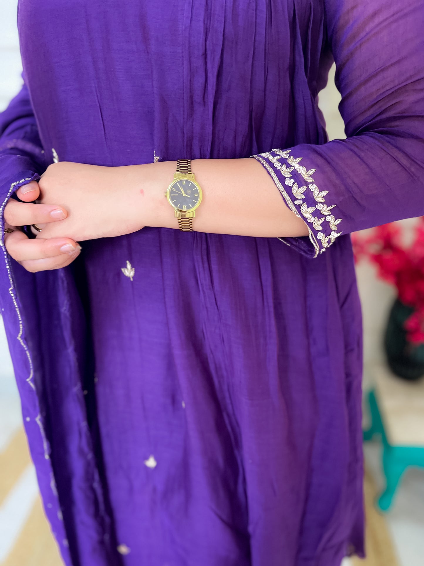 Pure Mul Chanderi gather Suit set with intricate hand embroidery- Purple