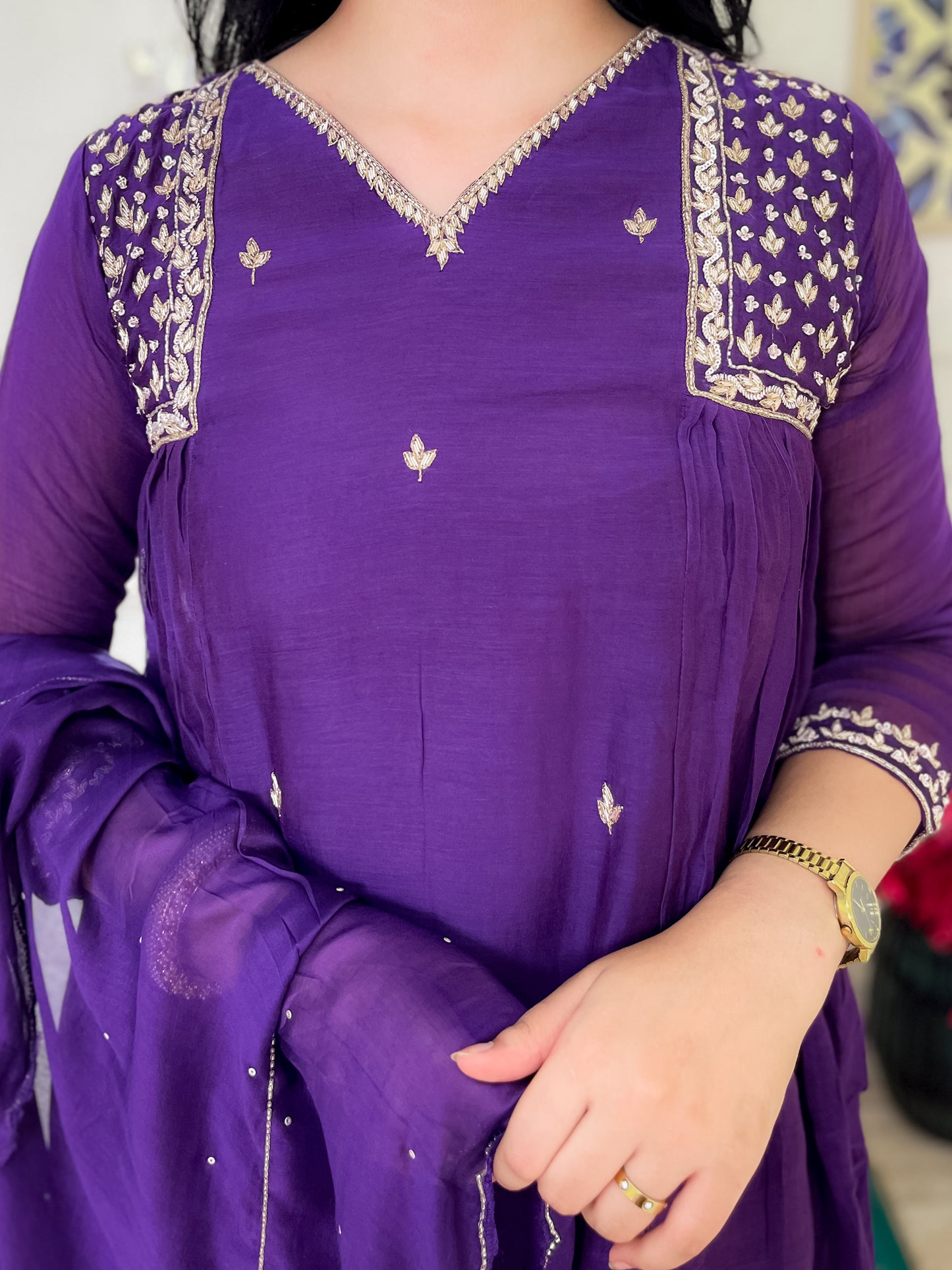 Pure Mul Chanderi gather Suit set with intricate hand embroidery- Purple