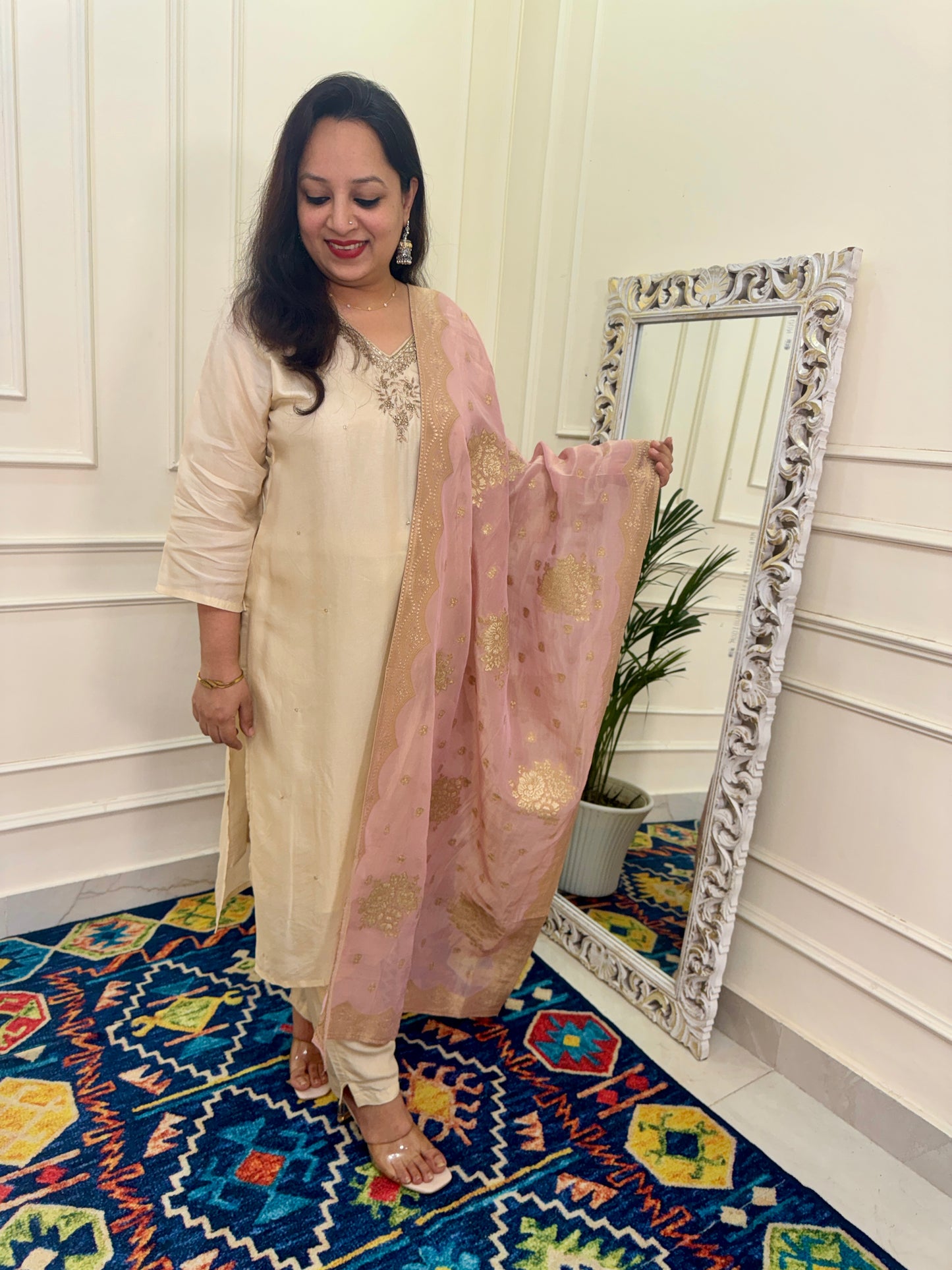 Silk hand Embroidered Suit Set with Banarasi Dupatta-Cream & Pink