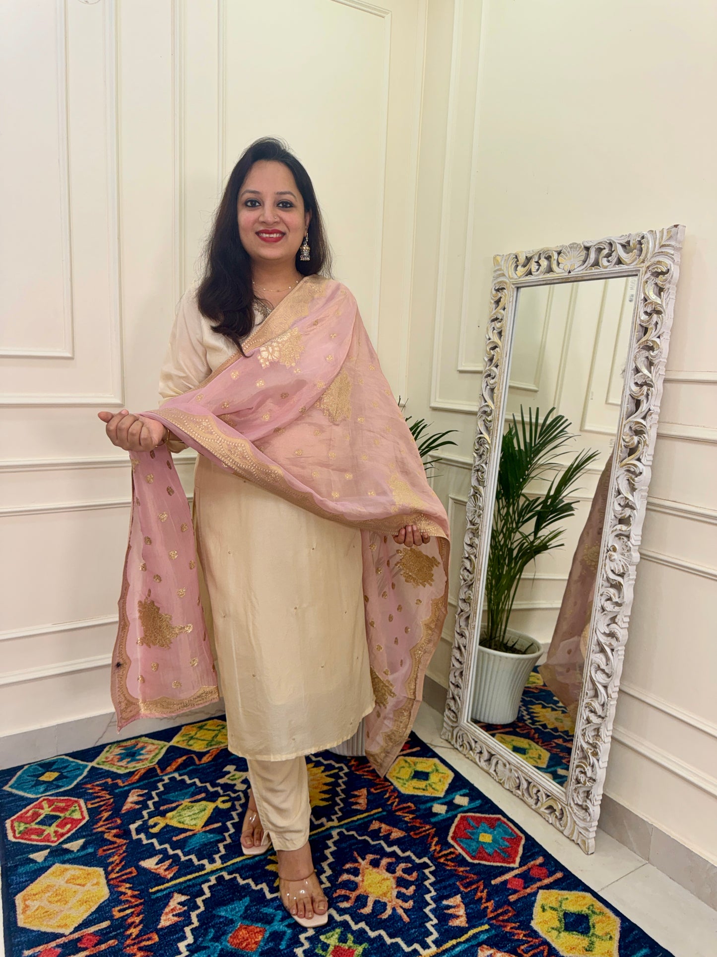 Silk hand Embroidered Suit Set with Banarasi Dupatta-Cream & Pink