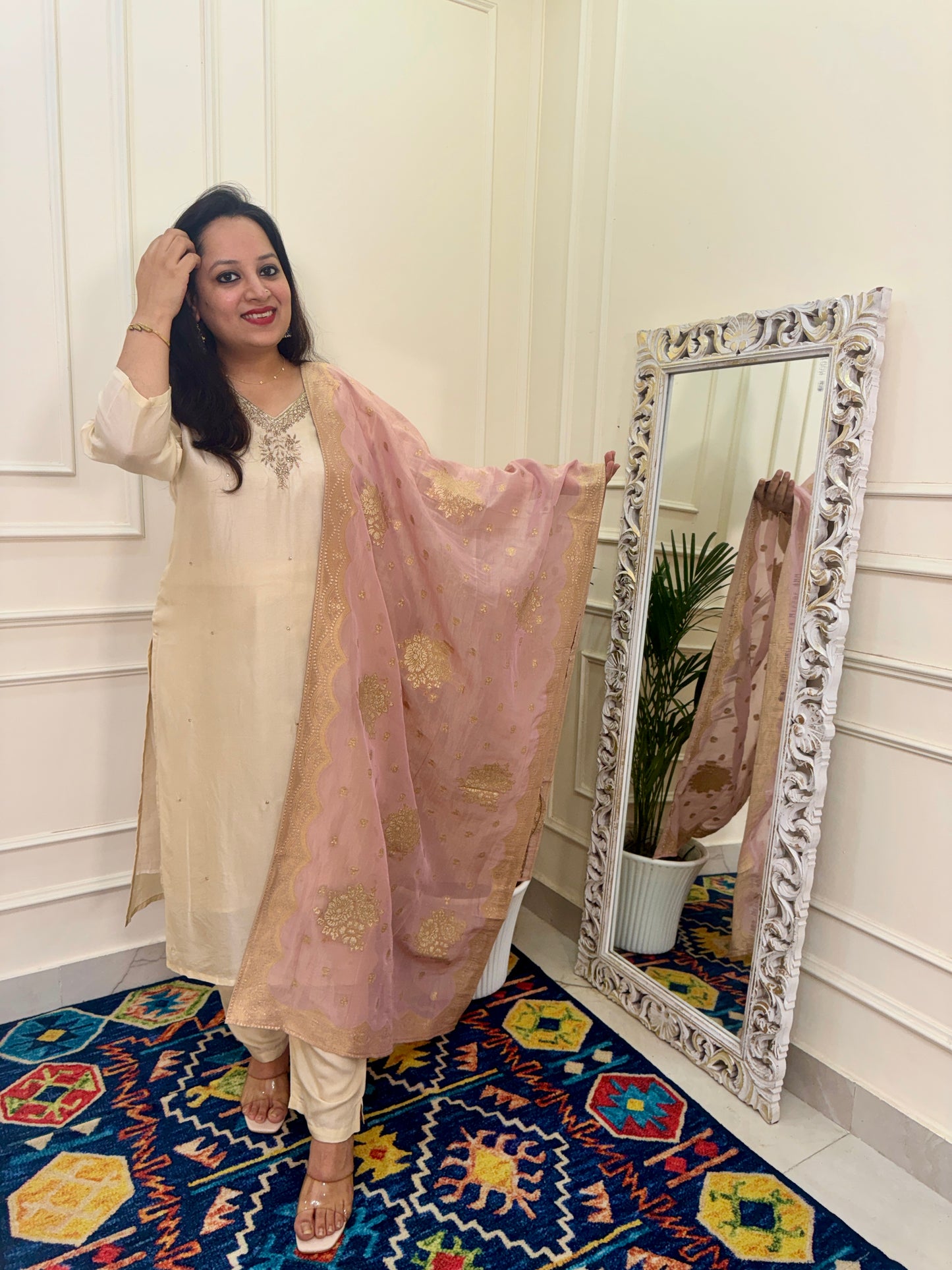 Silk hand Embroidered Suit Set with Banarasi Dupatta-Cream & Pink