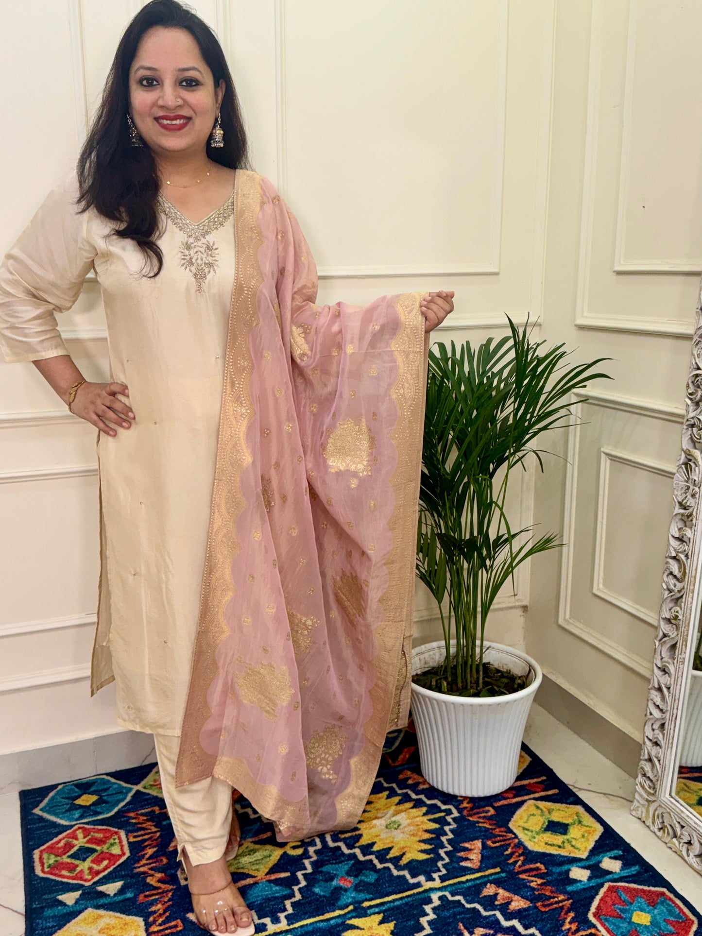 Silk hand Embroidered Suit Set with Banarasi Dupatta-Cream & Pink