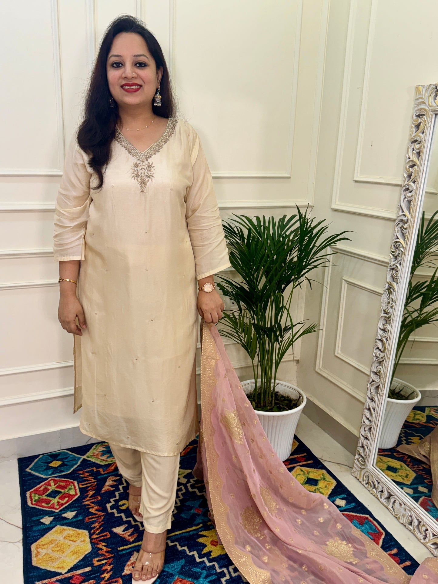 Silk hand Embroidered Suit Set with Banarasi Dupatta-Cream & Pink