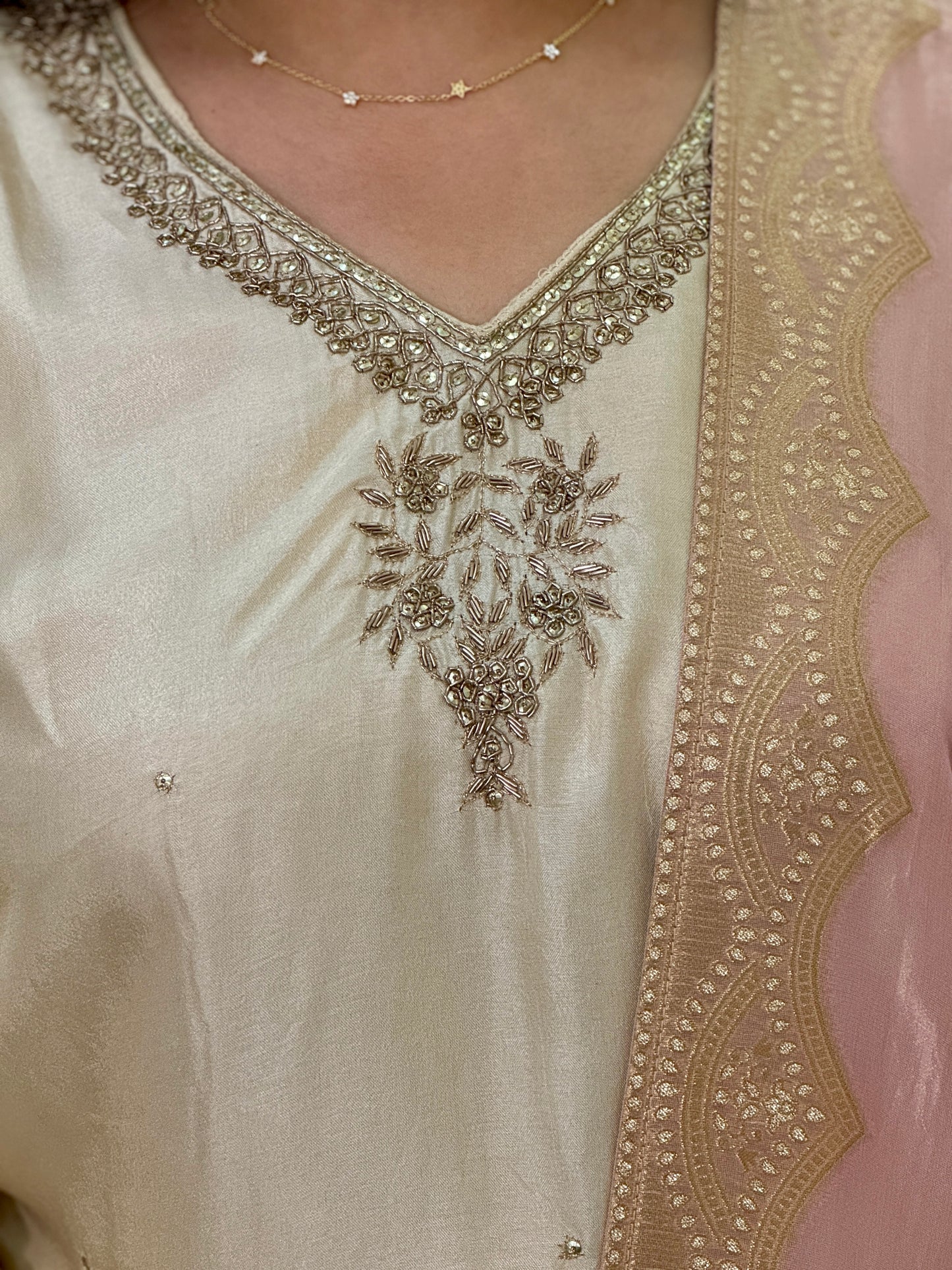 Silk hand Embroidered Suit Set with Banarasi Dupatta-Cream & Pink