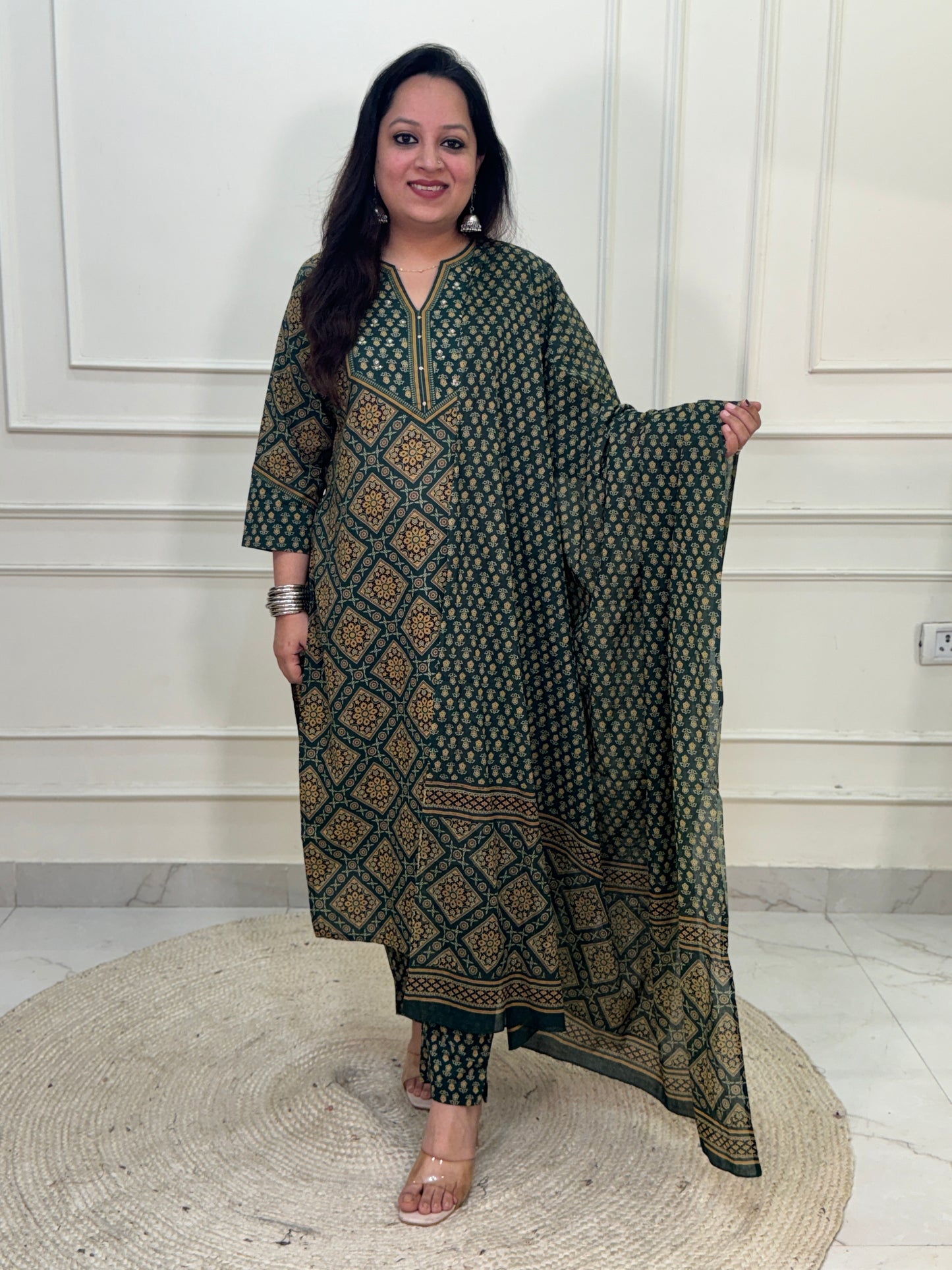 Noorie Ajrakh 3 piece premium Cotton Suit Set- Green