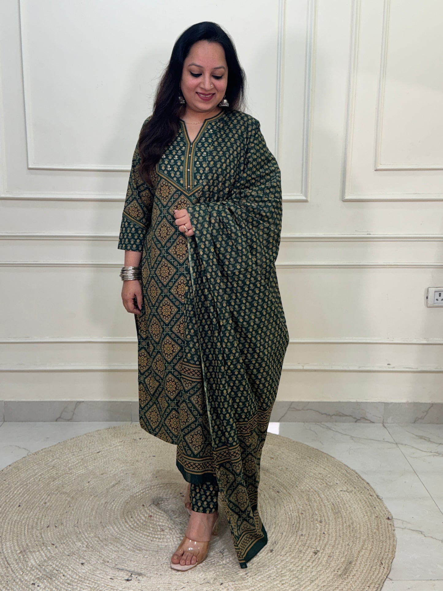 Noorie Ajrakh 3 piece premium Cotton Suit Set- Green