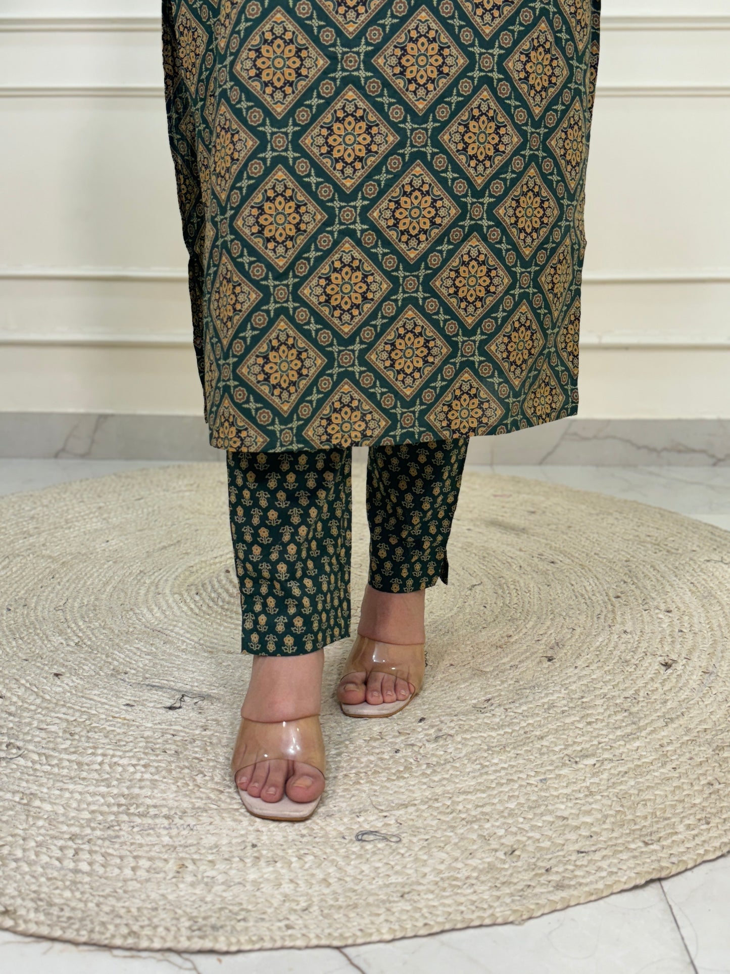 Noorie Ajrakh 3 piece premium Cotton Suit Set- Green