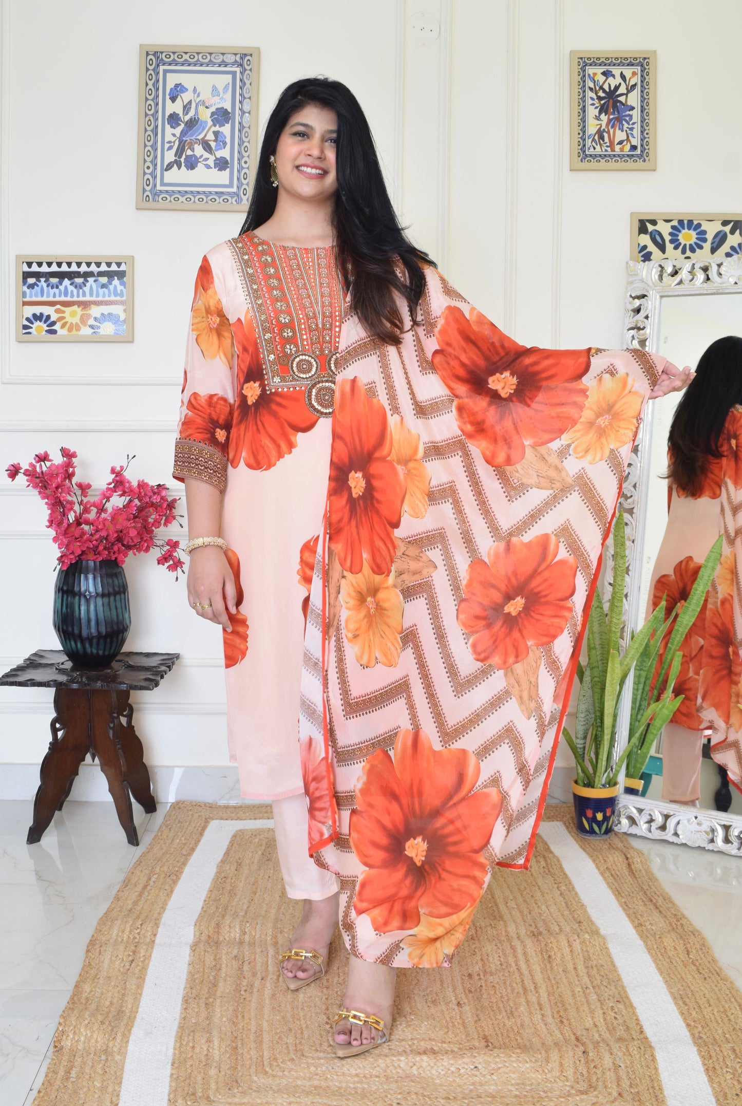 Floral Print Pure Crepe Suit Set- Orange