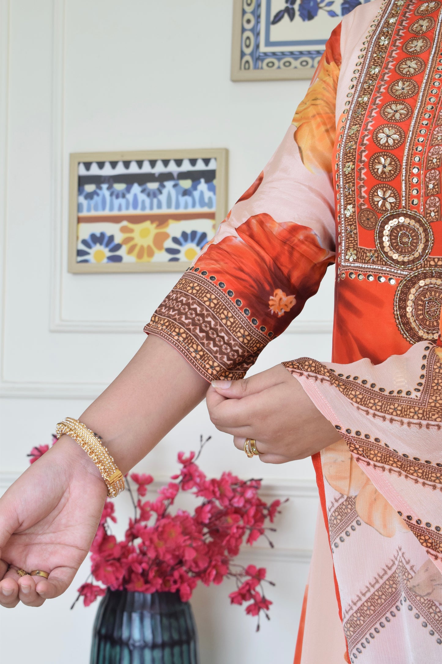 Floral Print Pure Crepe Suit Set- Orange