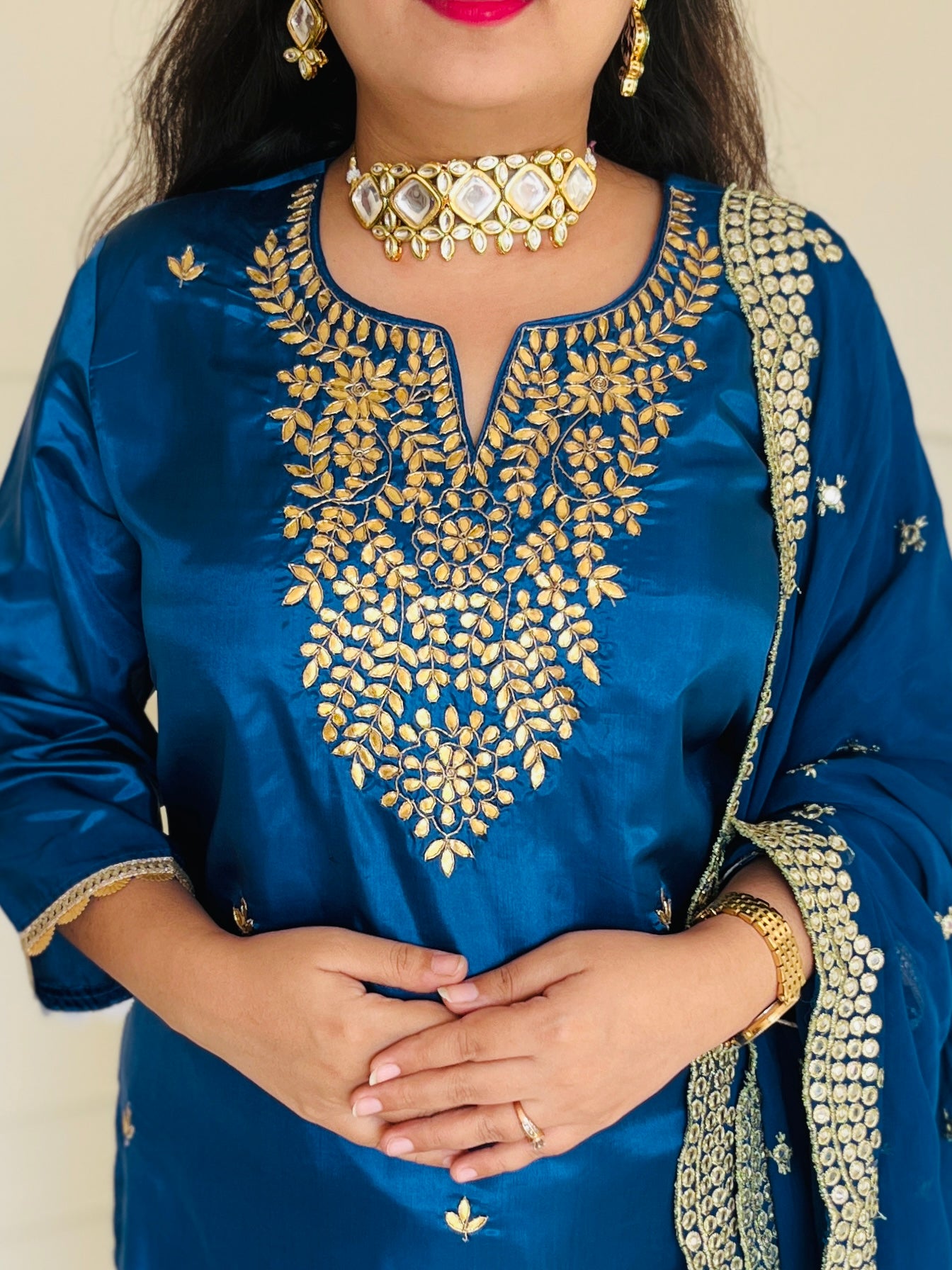 Hand Embroidered Gota Work Sharara Suit Teal Colour