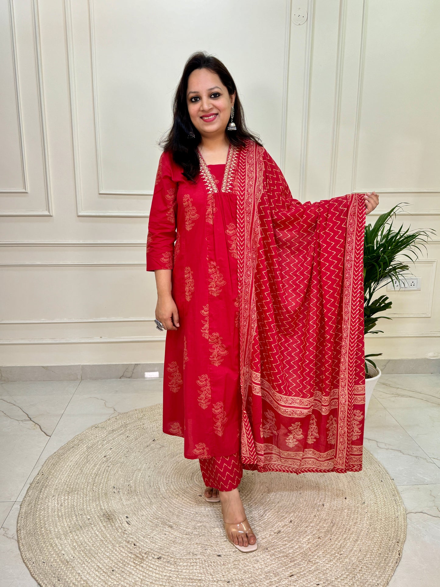 A Line Pattern Khadi Print Suit Set with Palazzo-Red colour