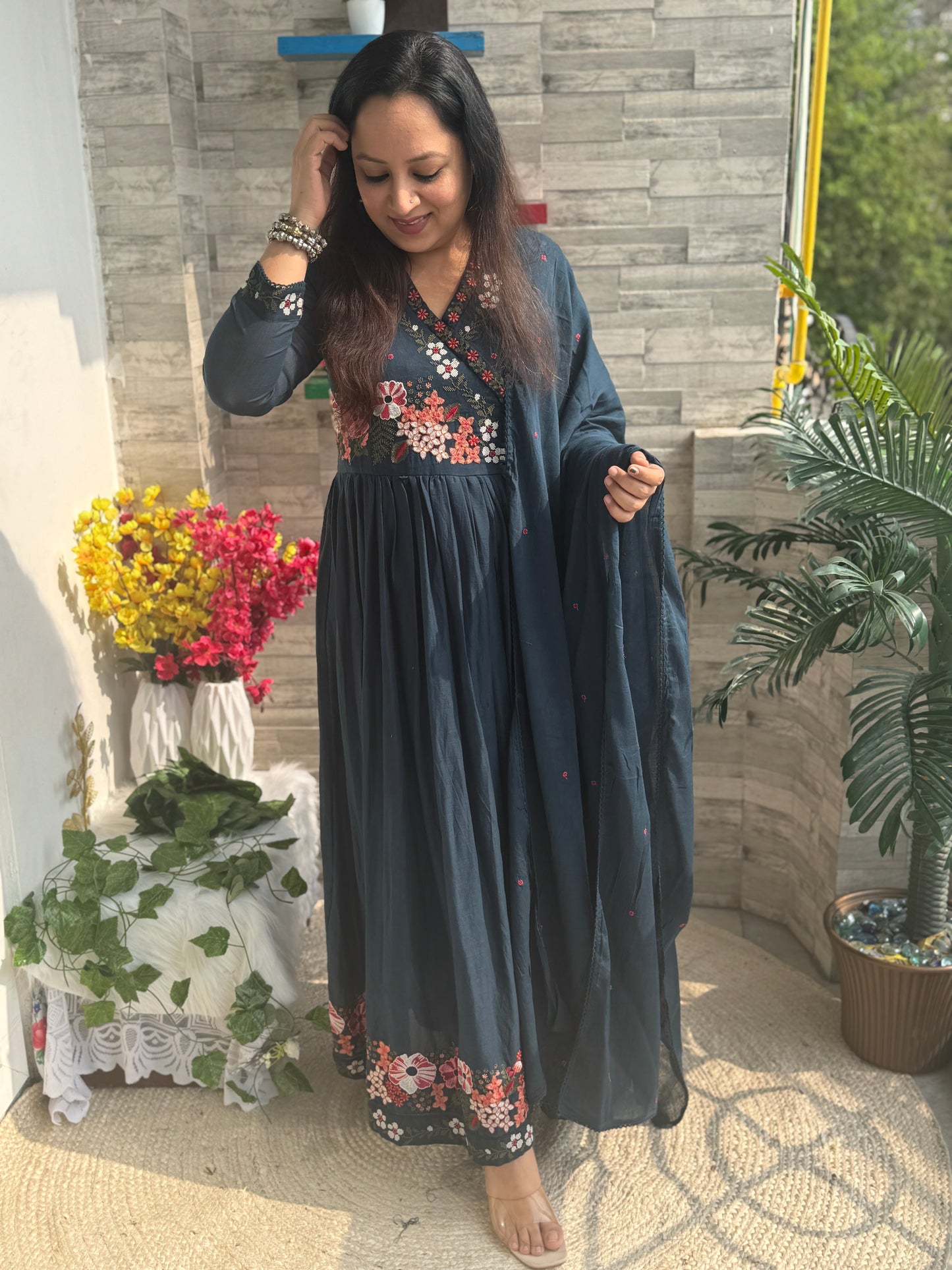 Aaina Teal Mul Anarkali Suit set- Teal Colour
