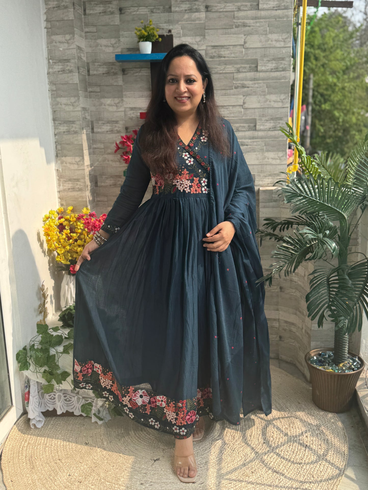 Aaina Teal Mul Anarkali Suit set- Teal Colour
