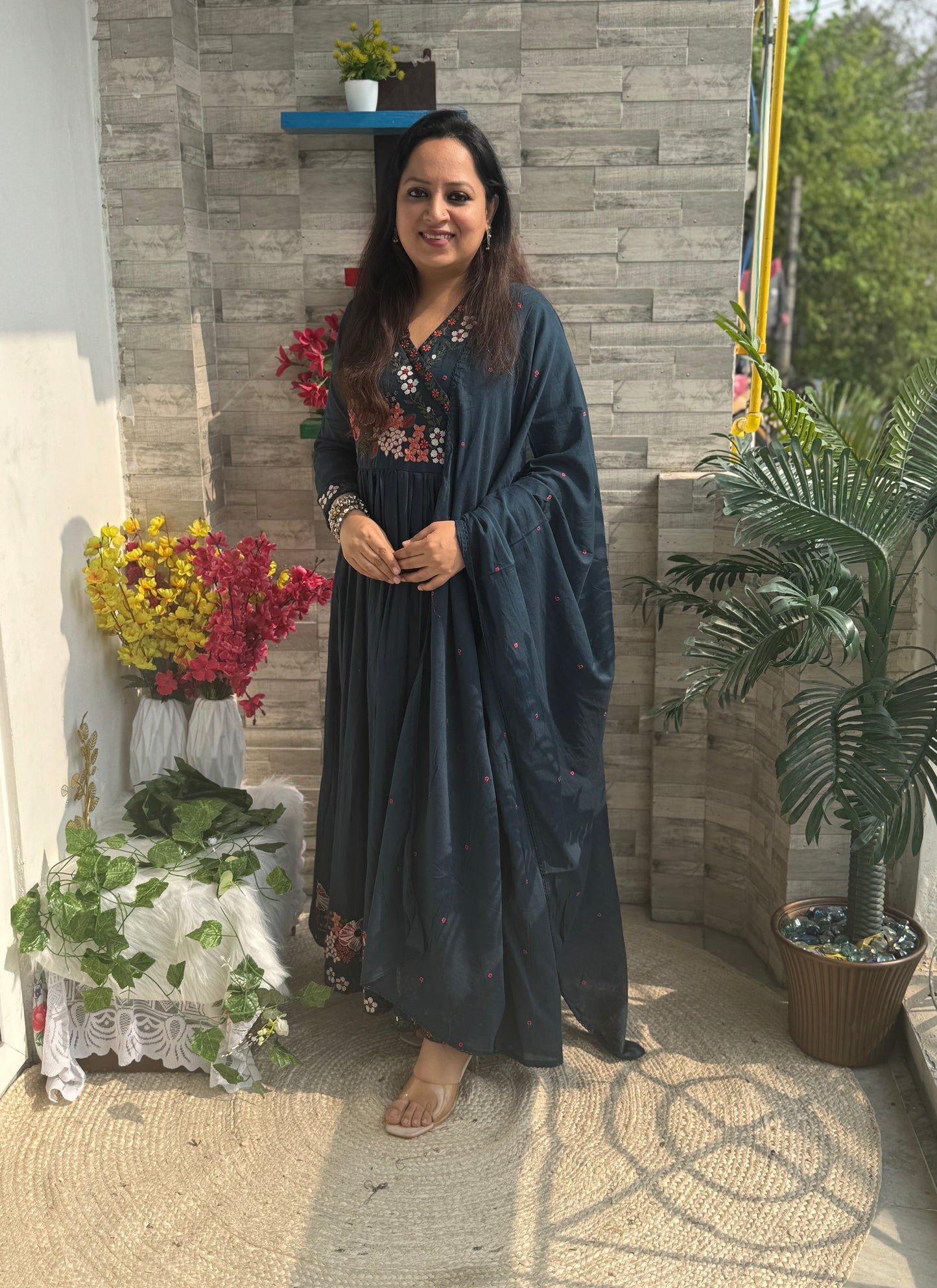 Aaina Teal Mul Anarkali Suit set- Teal Colour