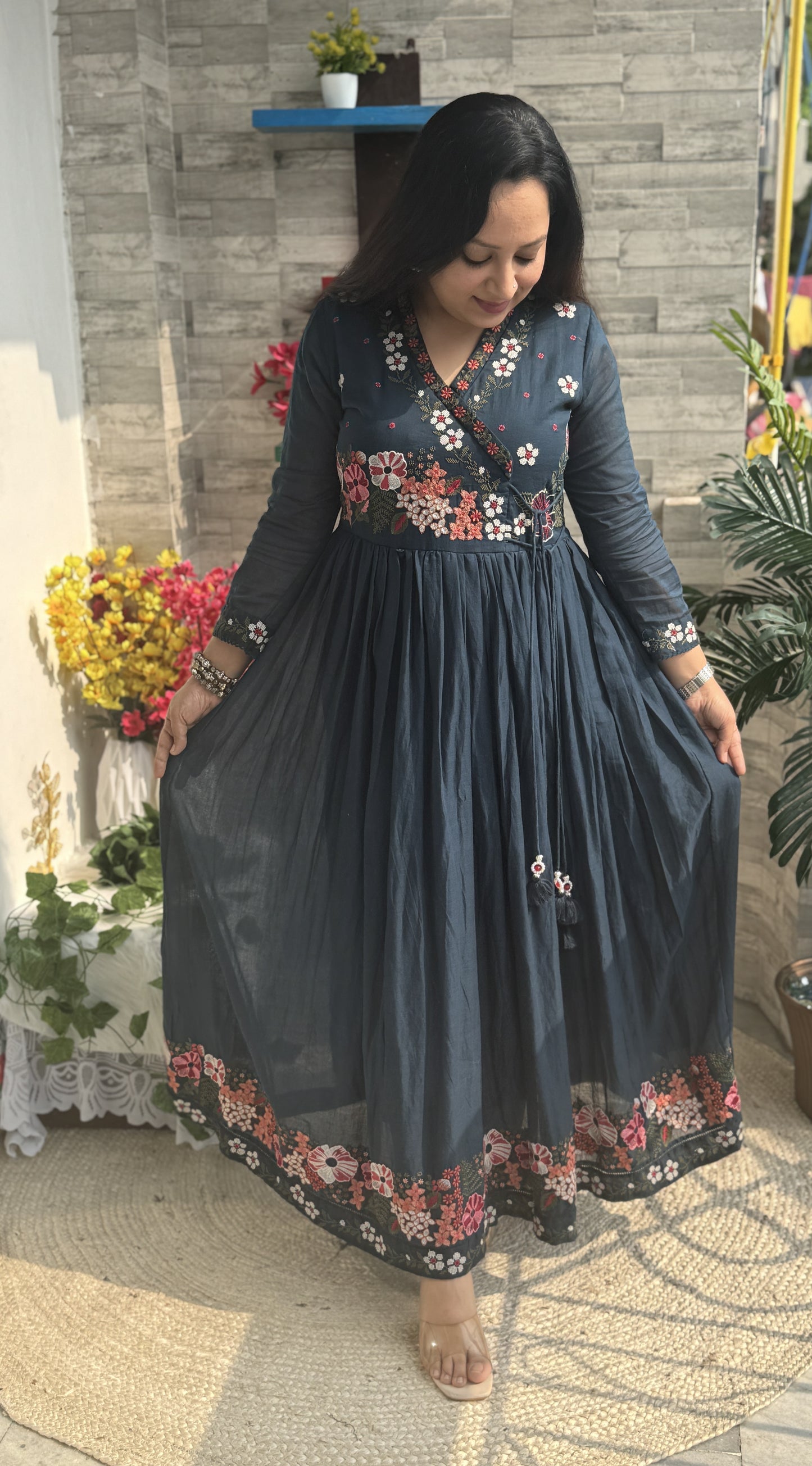 Aaina Teal Mul Anarkali Suit set- Teal Colour