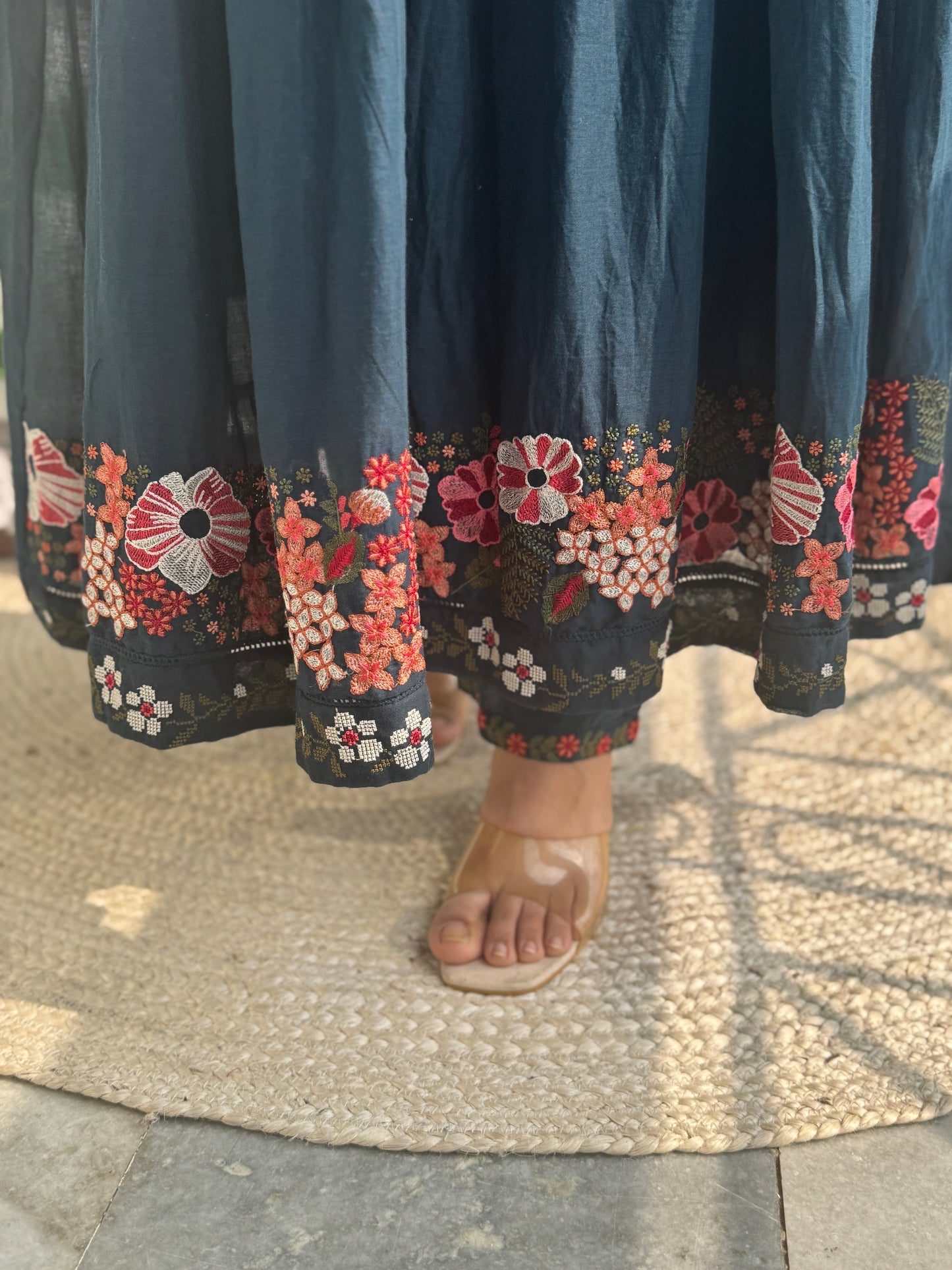 Aaina Teal Mul Anarkali Suit set- Teal Colour