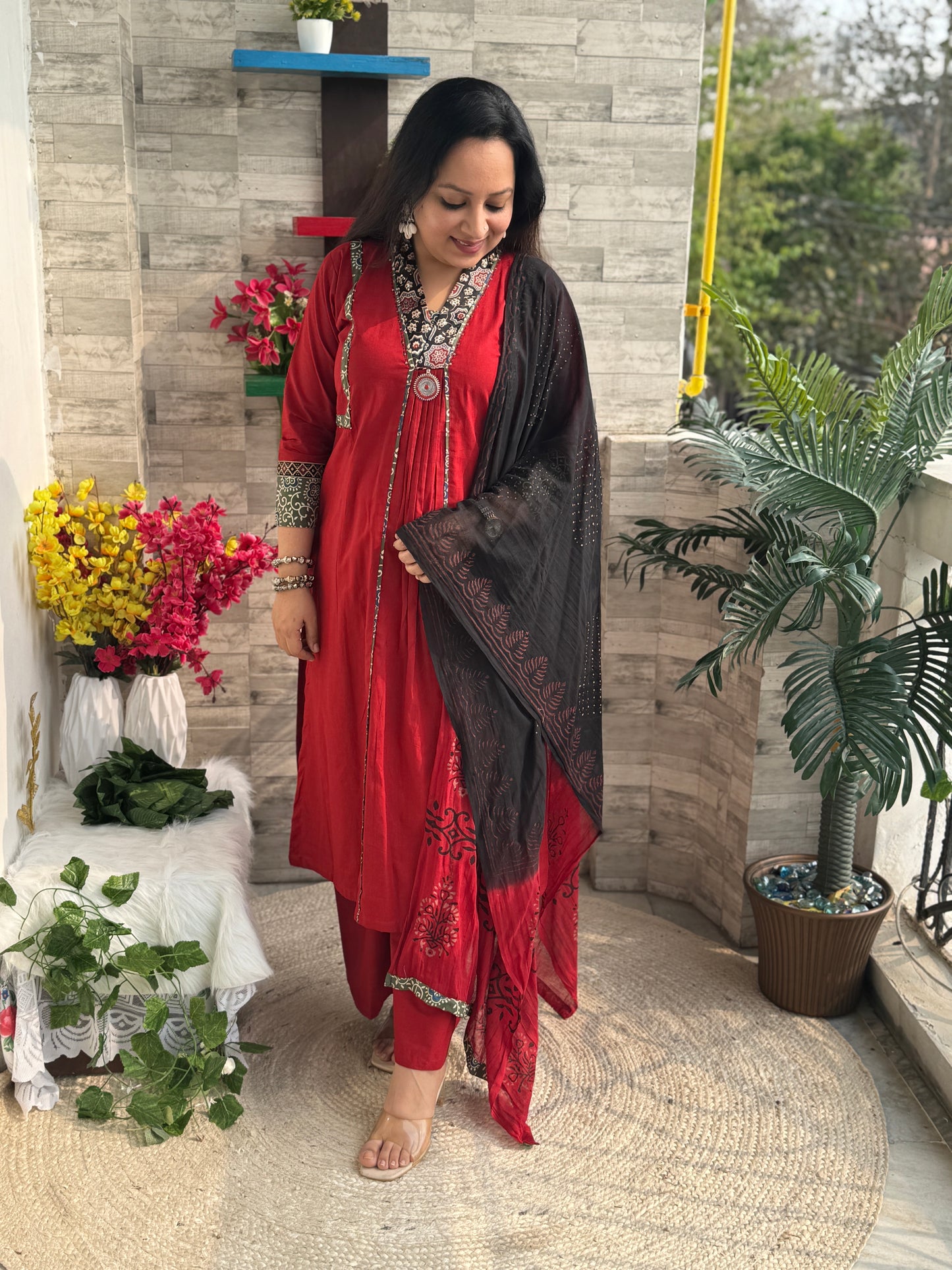 Siya Aline 3 piece premium Cotton Suit Set- Red