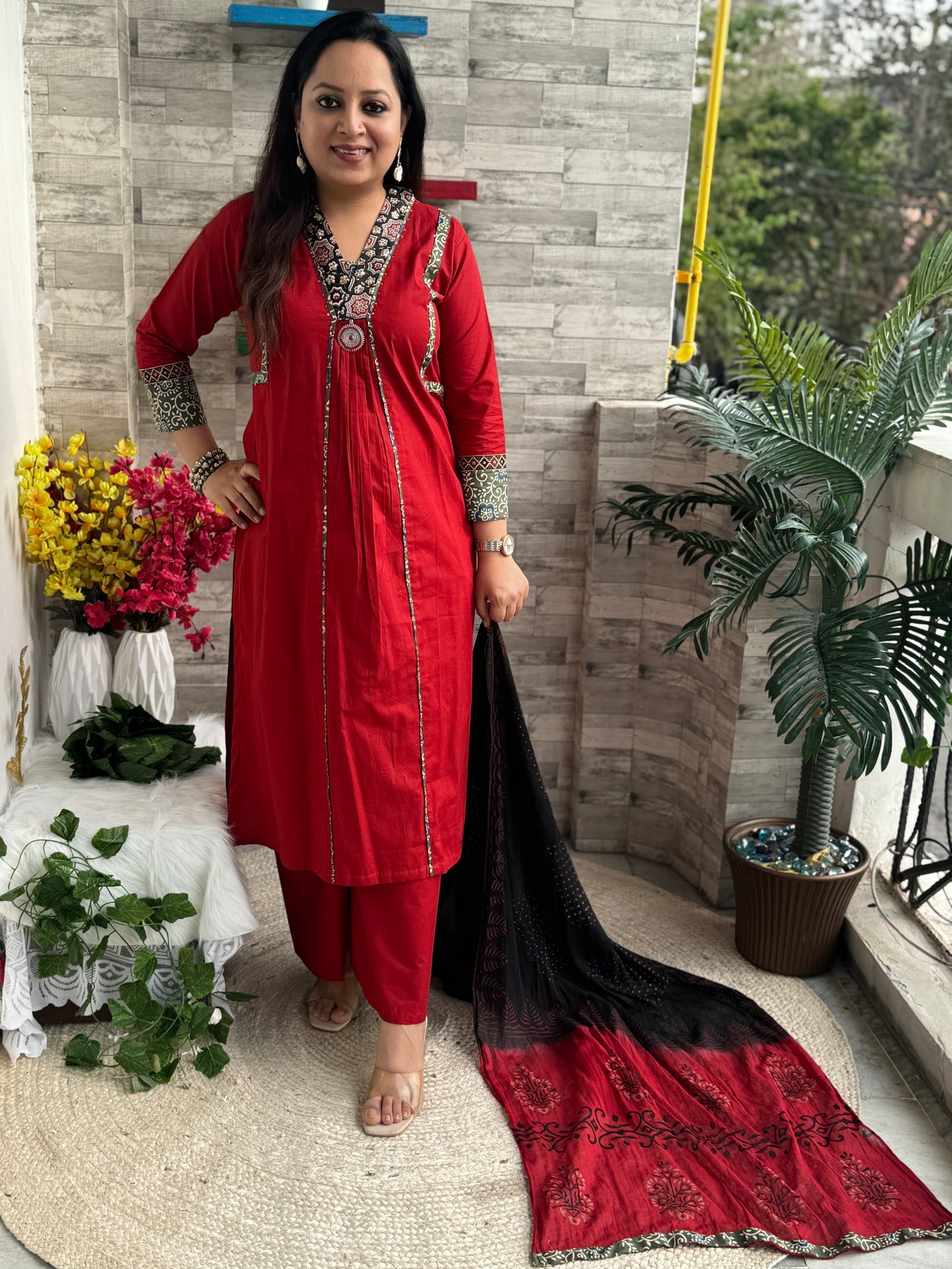 Siya Aline 3 piece premium Cotton Suit Set- Red