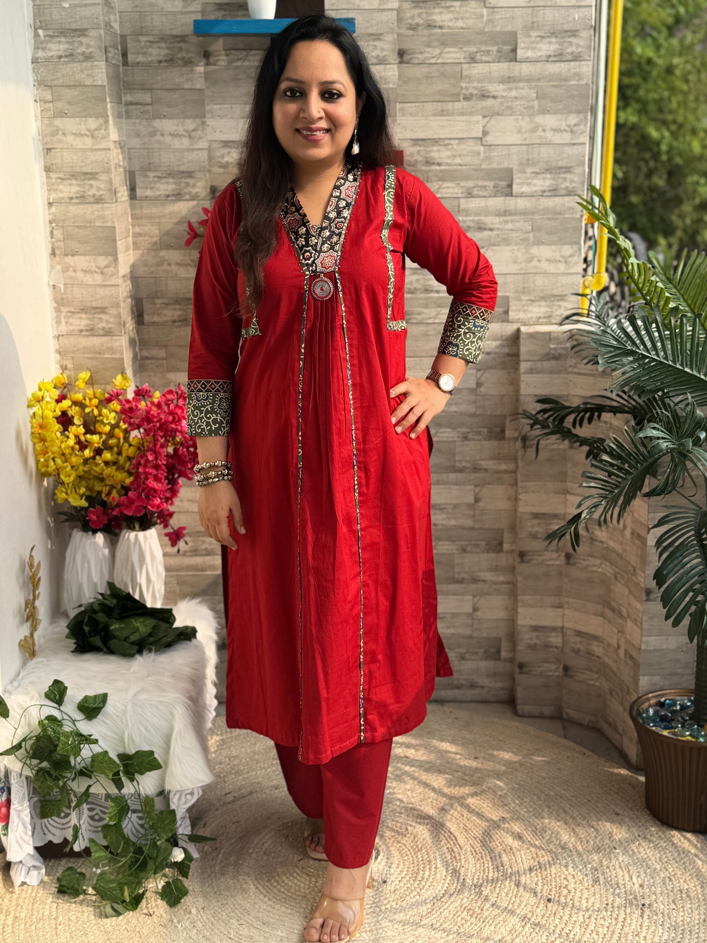 Siya Aline 3 piece premium Cotton Suit Set- Red