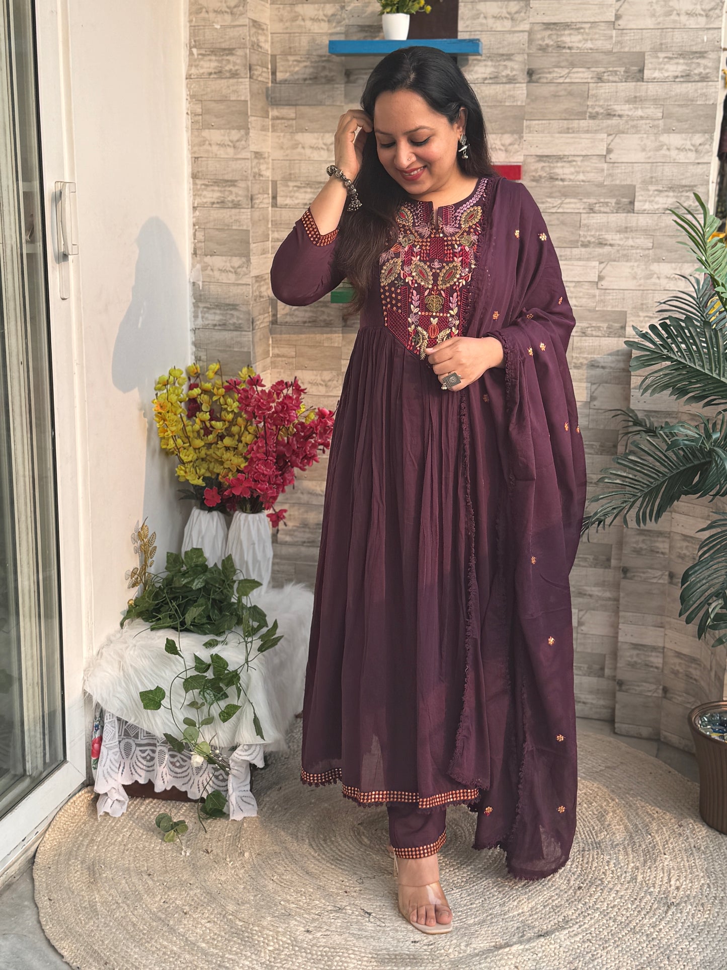 Mira Wine Mul Anarkali Suit set- Wine Colour