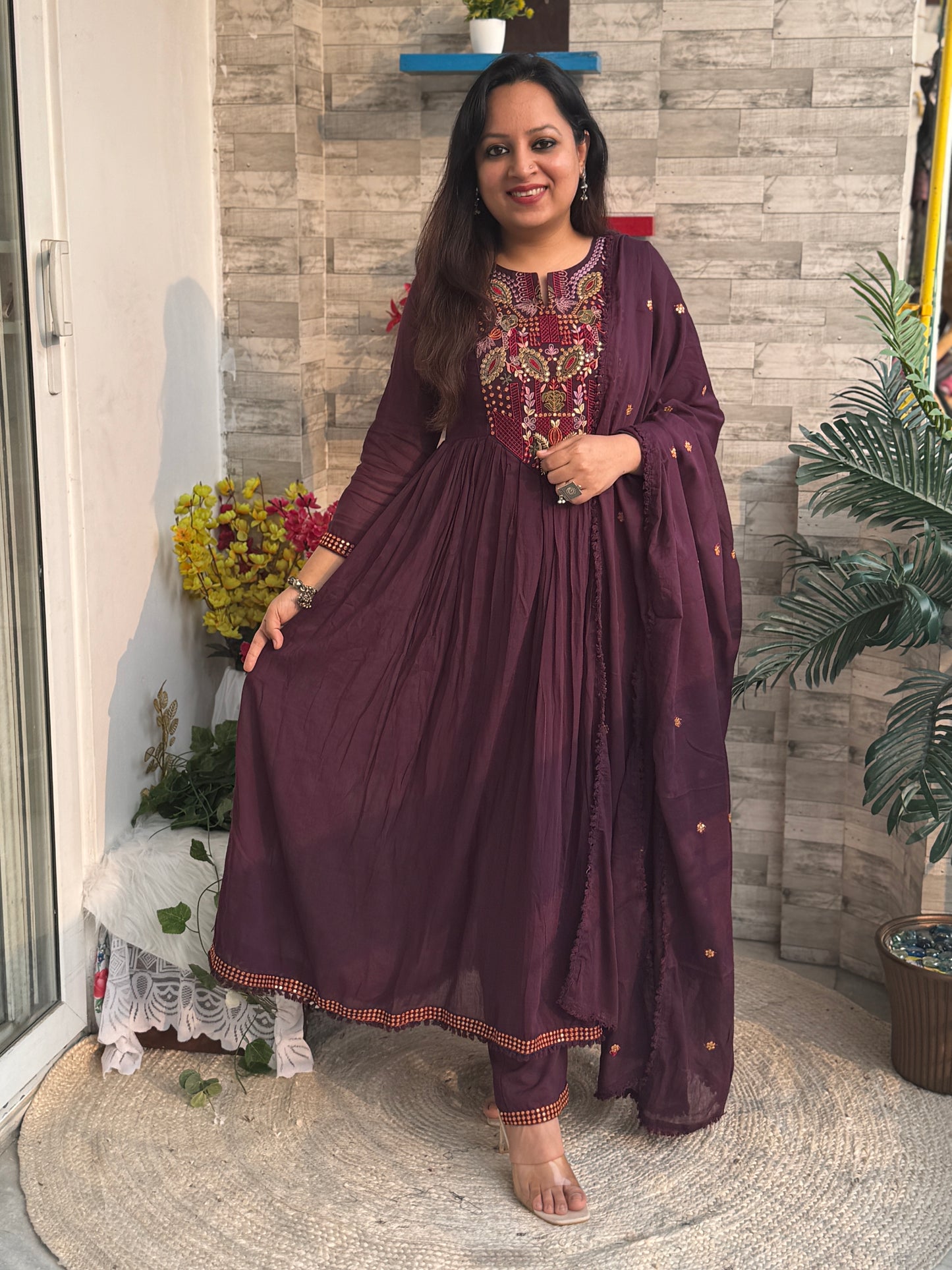 Mira Wine Mul Anarkali Suit set- Wine Colour