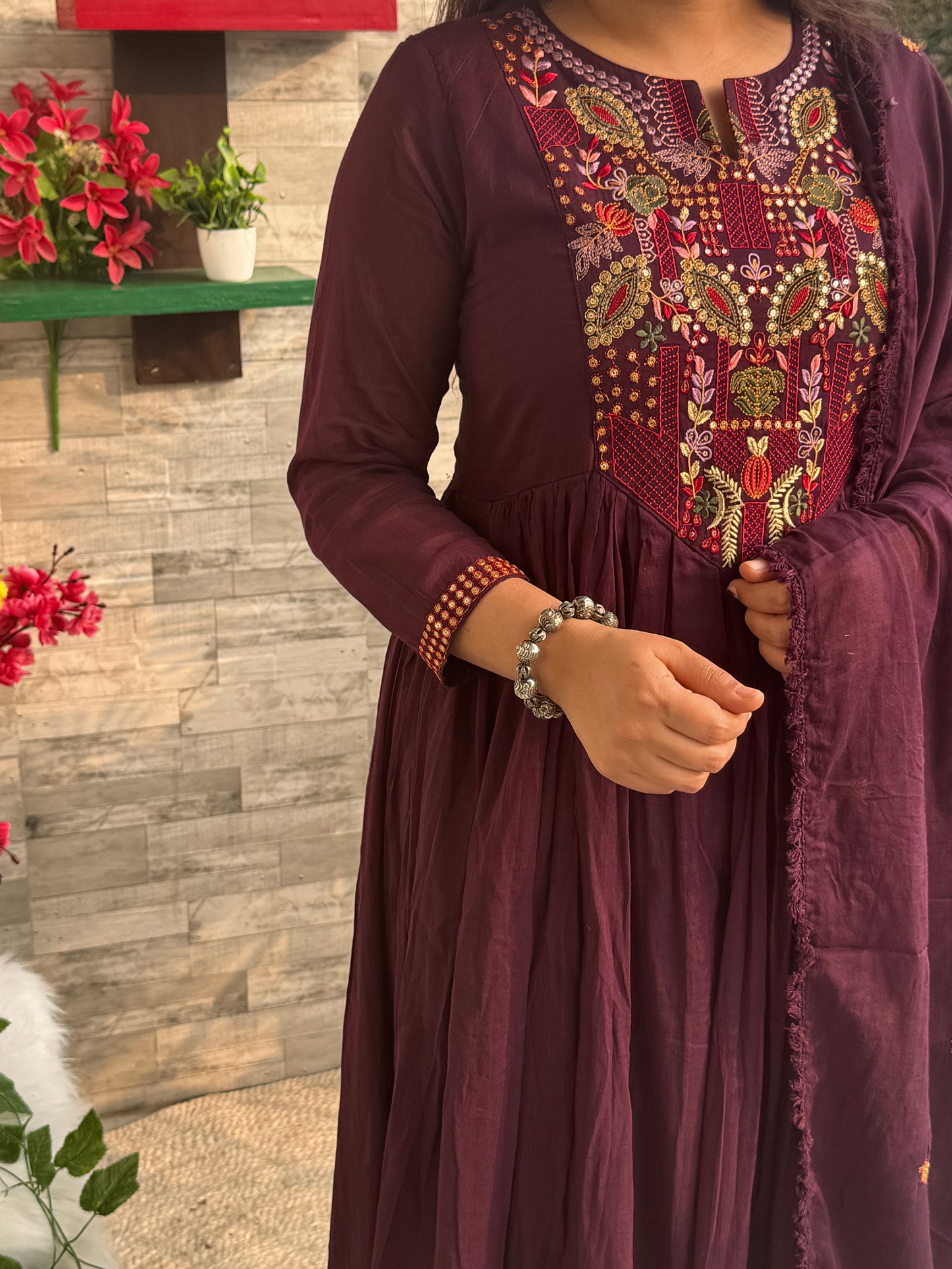 Mira Wine Mul Anarkali Suit set- Wine Colour