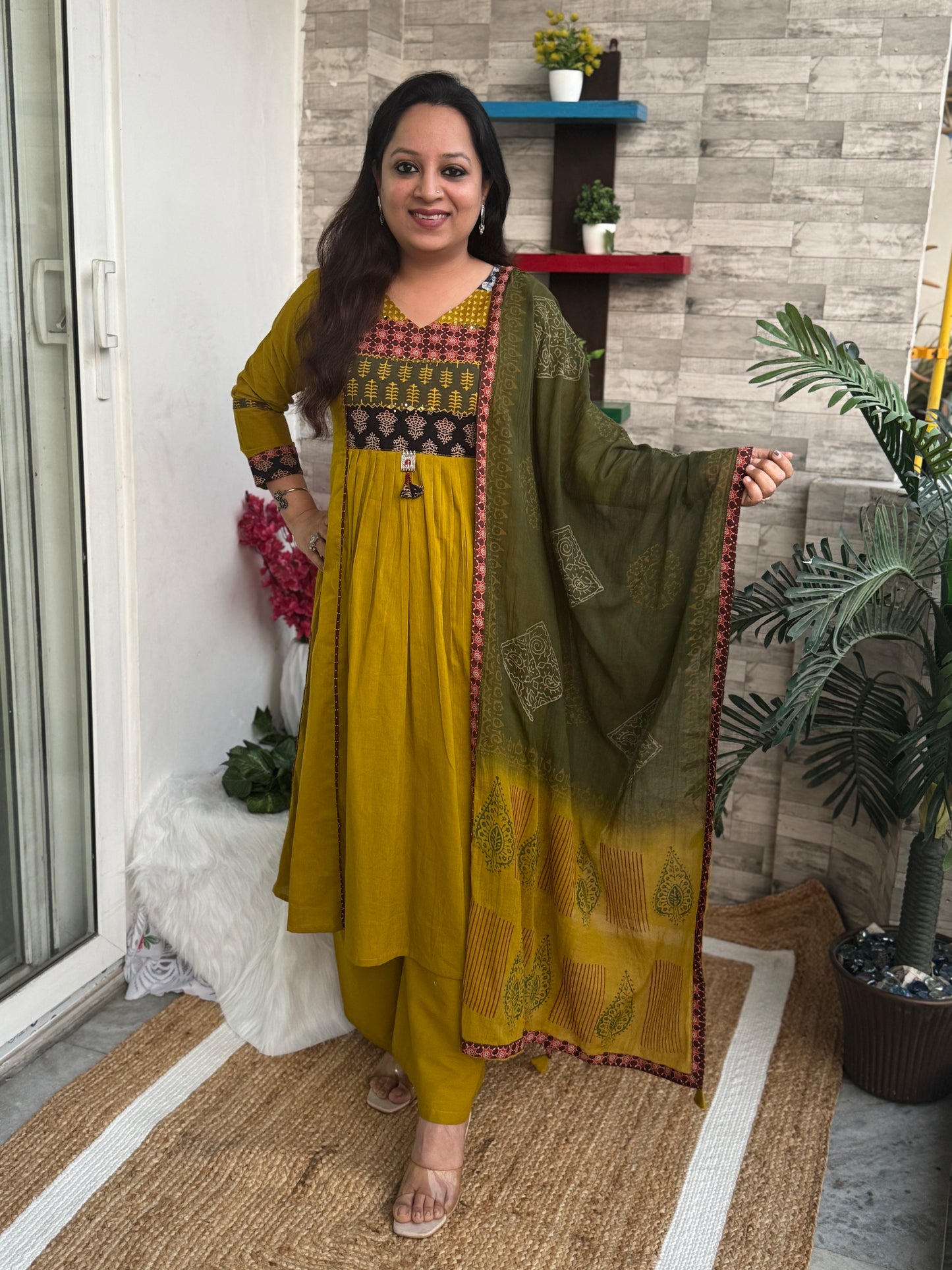 Multi Yellow Mustard Aline 3 piece premium Cotton Suit Set- Mustard