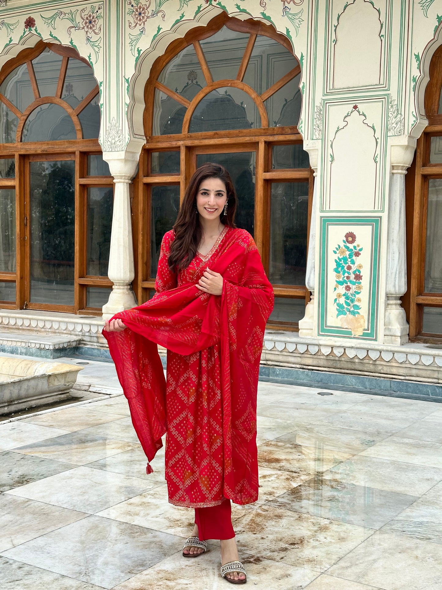 Bandhani Print Premium Modal Suit Set-Red Colour