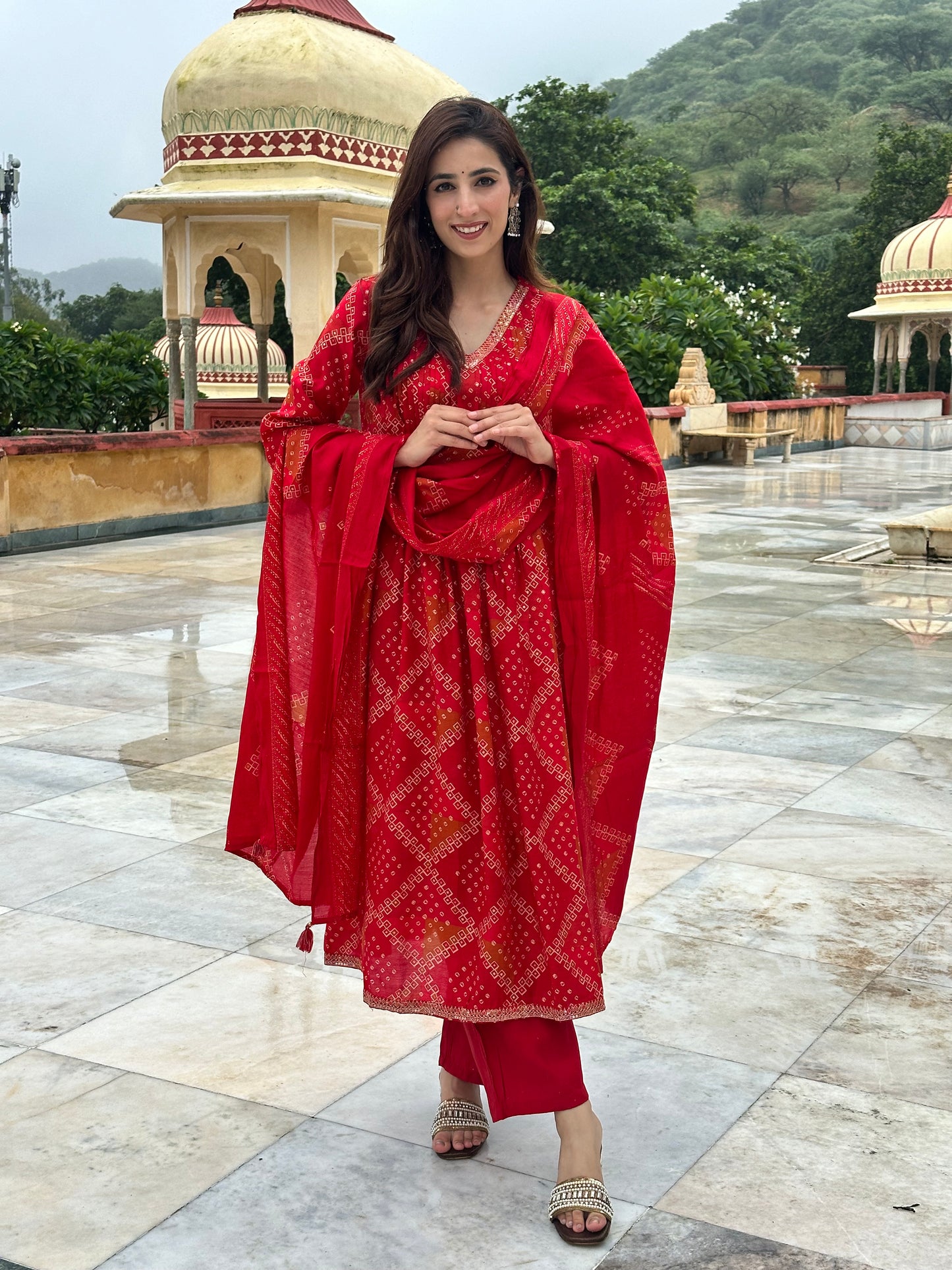 Bandhani Print Premium Modal Suit Set-Red Colour