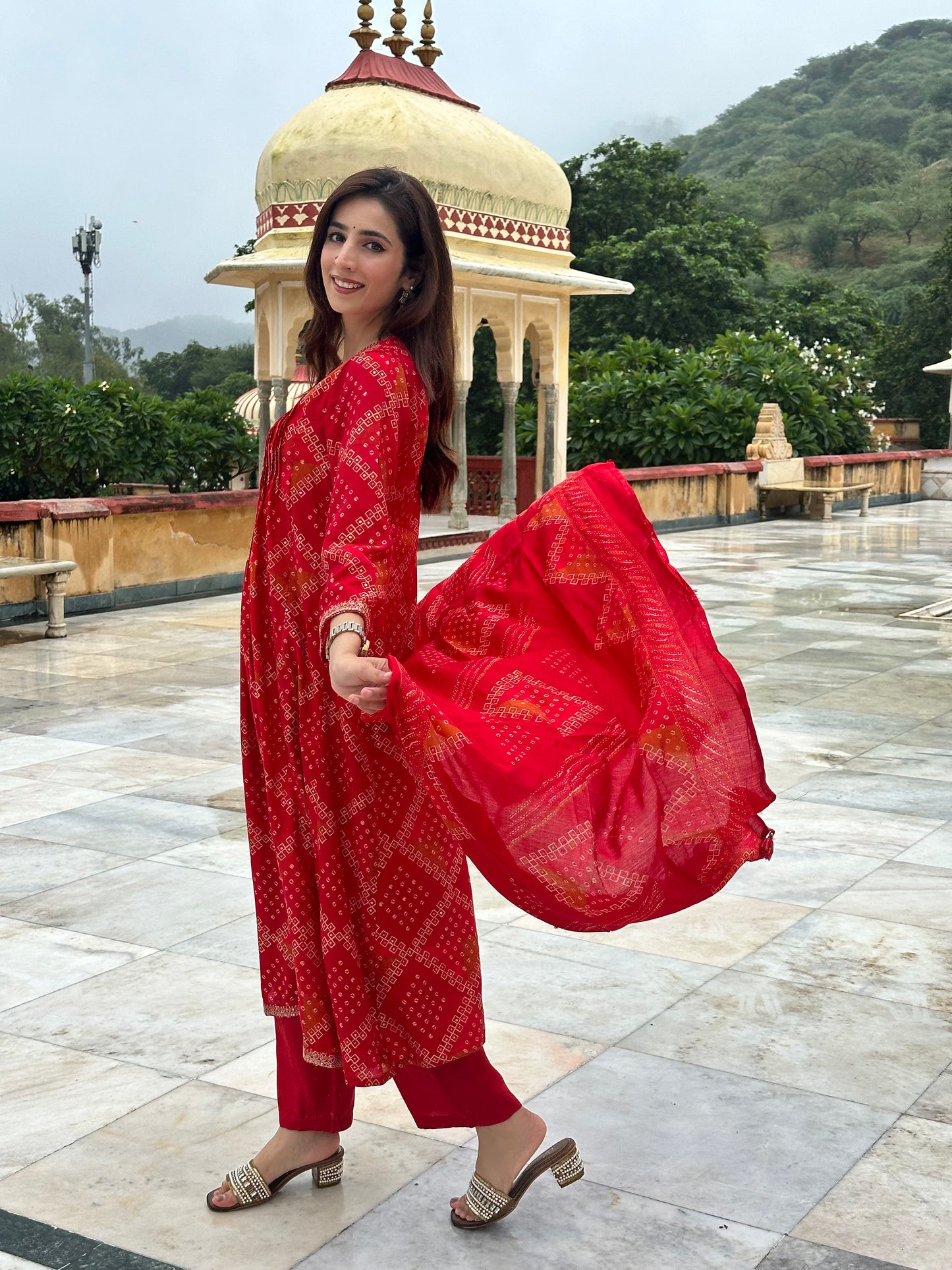 Bandhani Print Premium Modal Suit Set-Red Colour