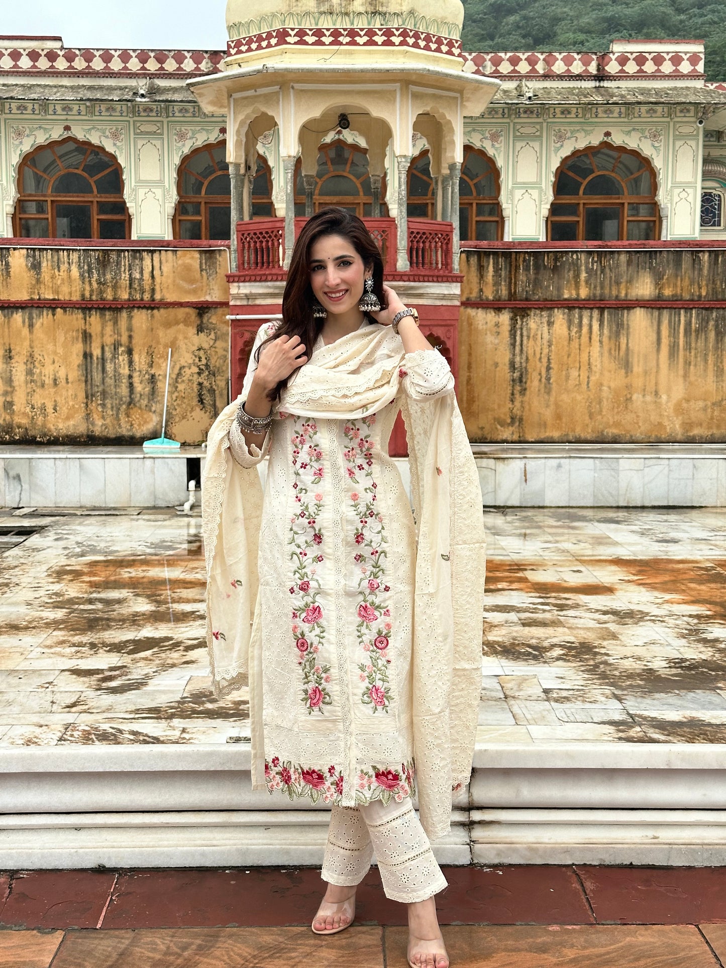 White Cotton hakoba Multi Colour Embroidery teamed up with a cotton dupatta and pants.
