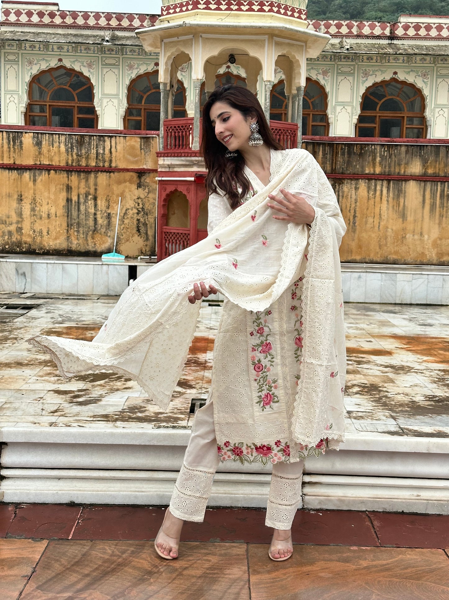 White Cotton hakoba Multi Colour Embroidery teamed up with a cotton dupatta and pants.