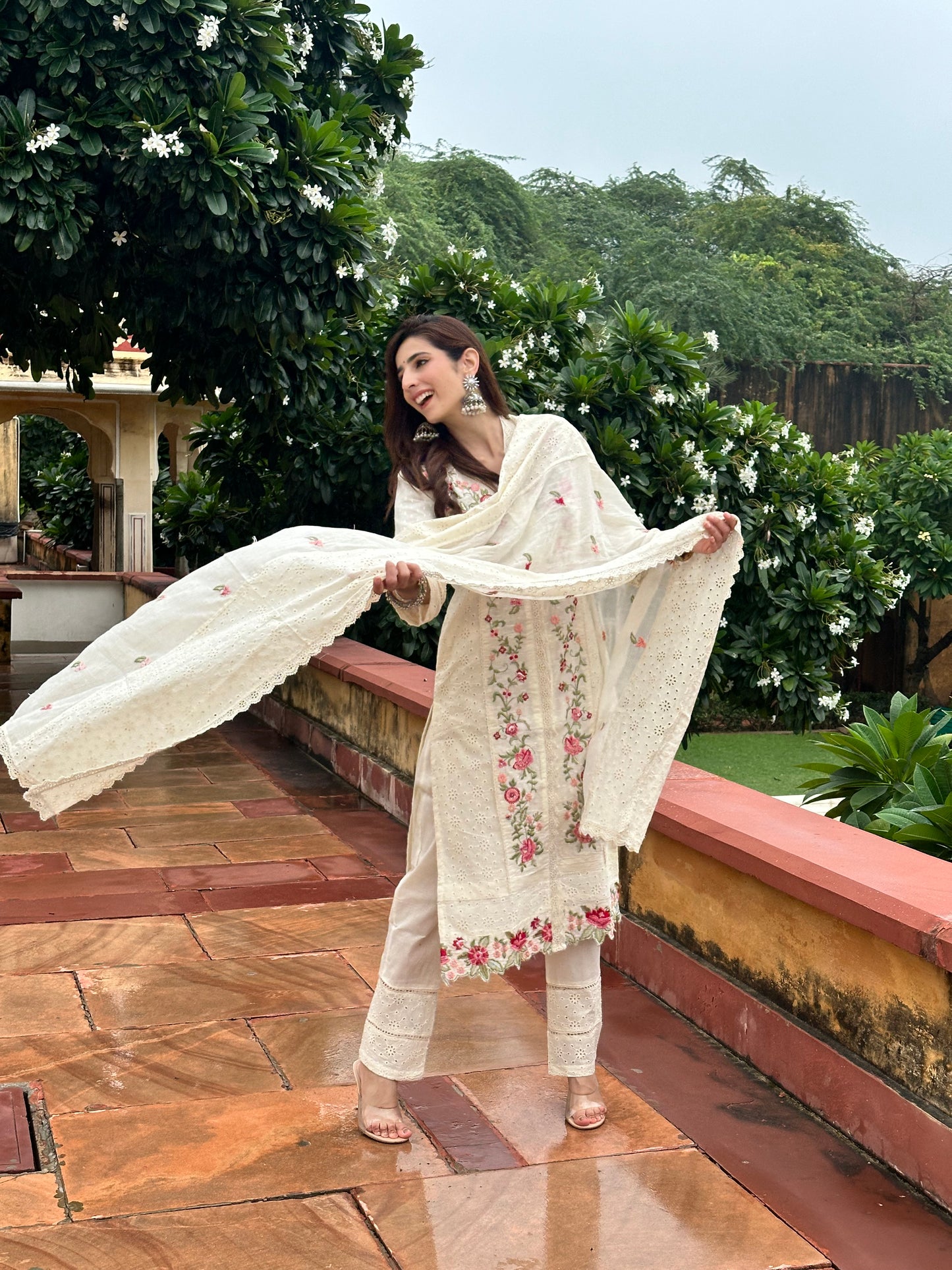 White Cotton hakoba Multi Colour Embroidery teamed up with a cotton dupatta and pants.