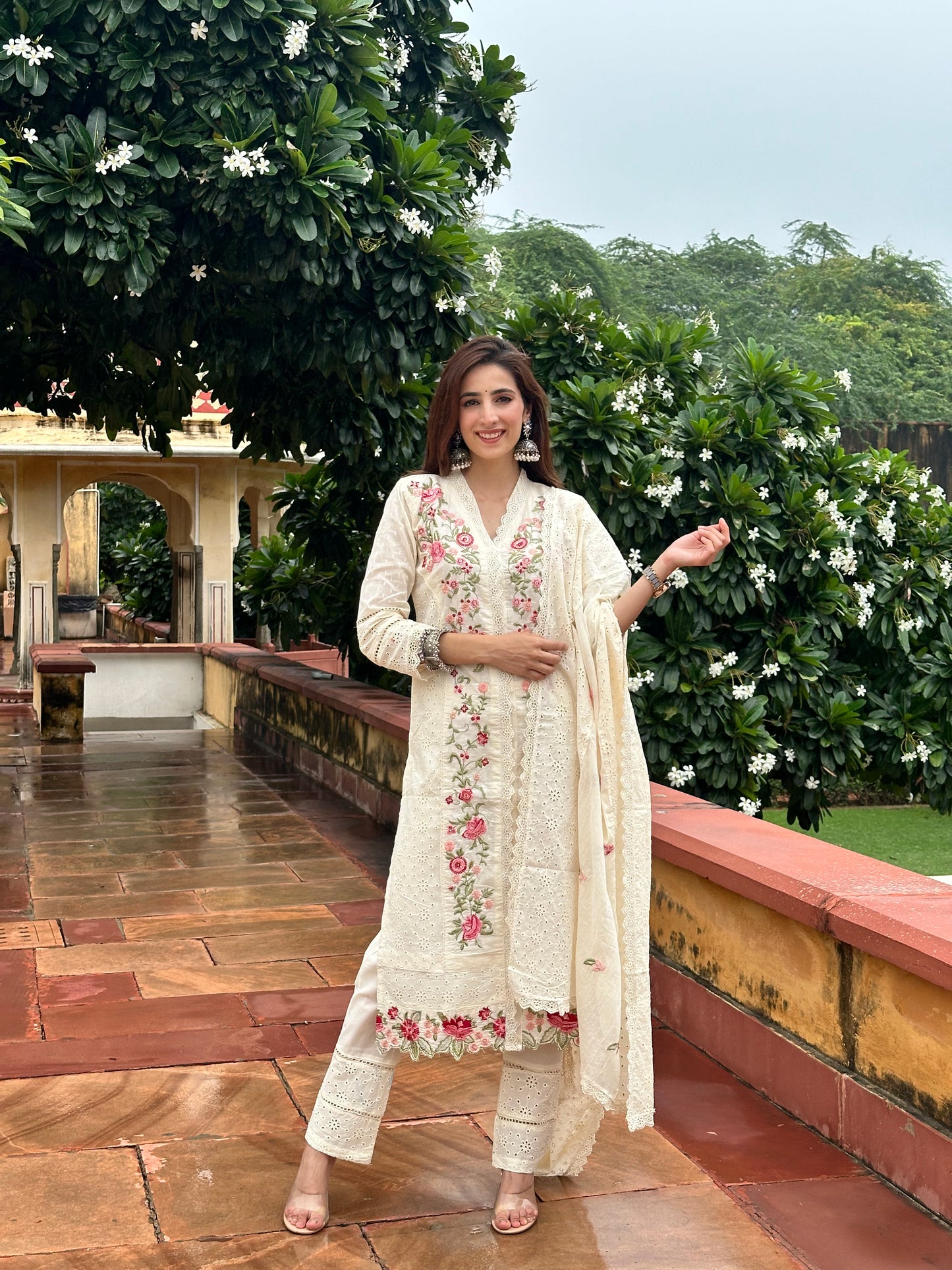 White Cotton hakoba Multi Colour Embroidery teamed up with a cotton dupatta and pants.