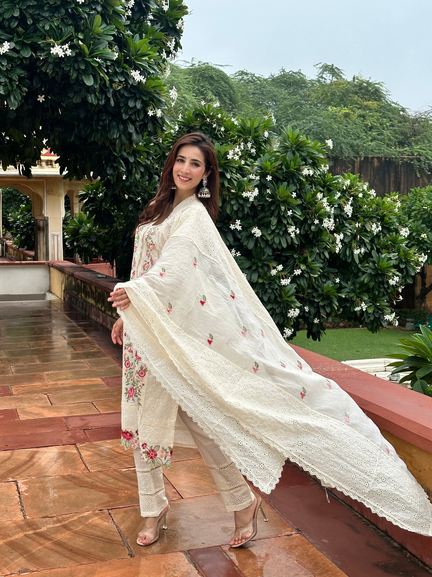 White Cotton hakoba Multi Colour Embroidery teamed up with a cotton dupatta and pants.