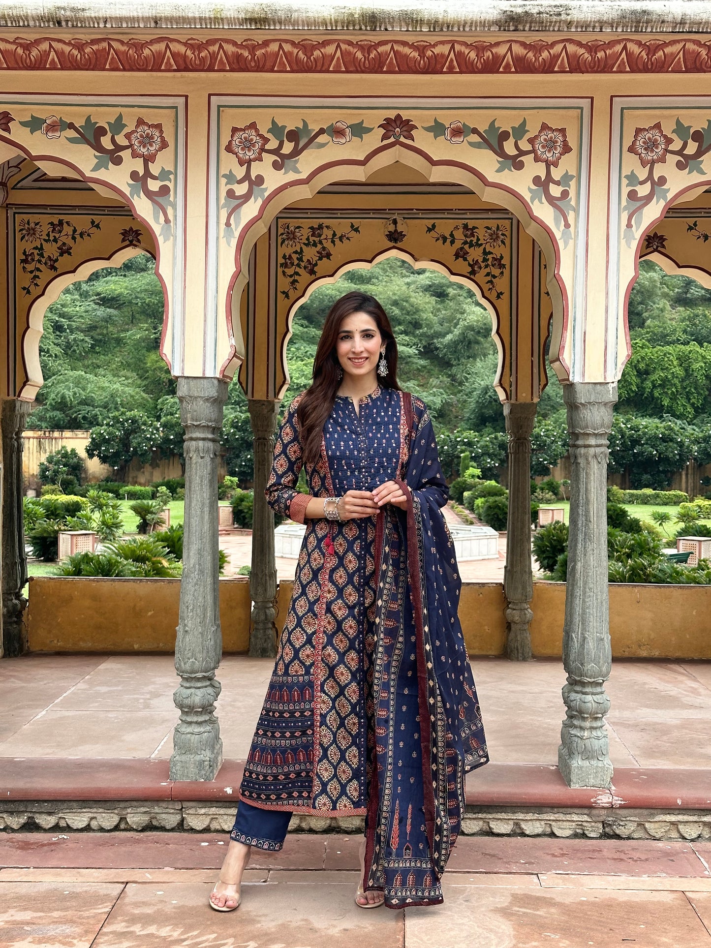 Ajrakh A line Suit set-Navy Blue Colour