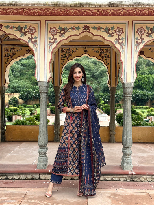 Ajrakh A line Suit set-Navy Blue Colour