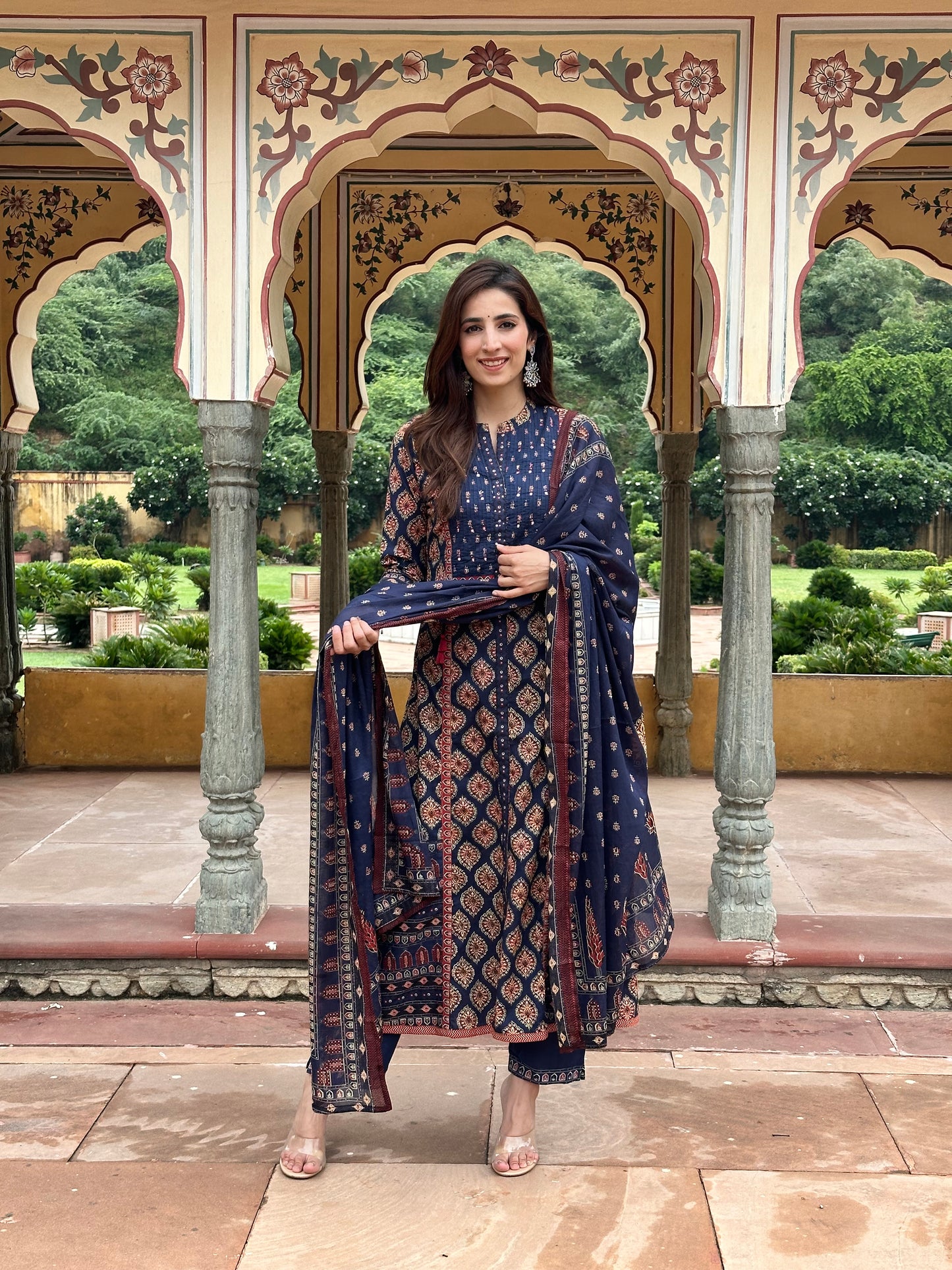 Ajrakh A line Suit set-Navy Blue Colour