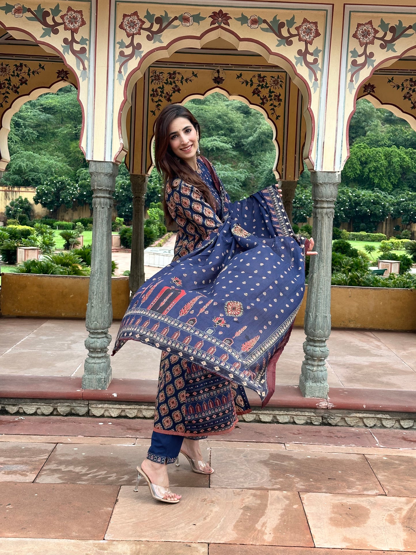 Ajrakh A line Suit set-Navy Blue Colour