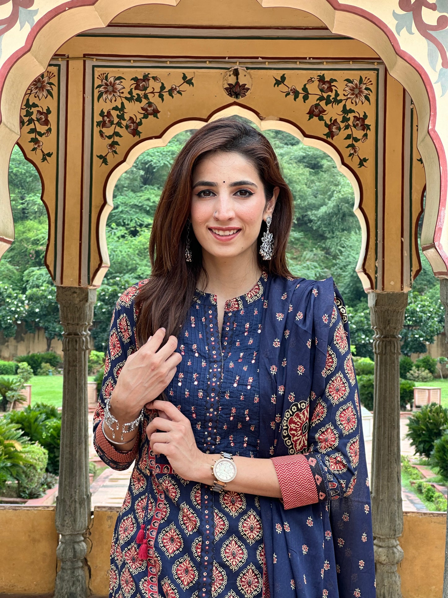 Ajrakh A line Suit set-Navy Blue Colour