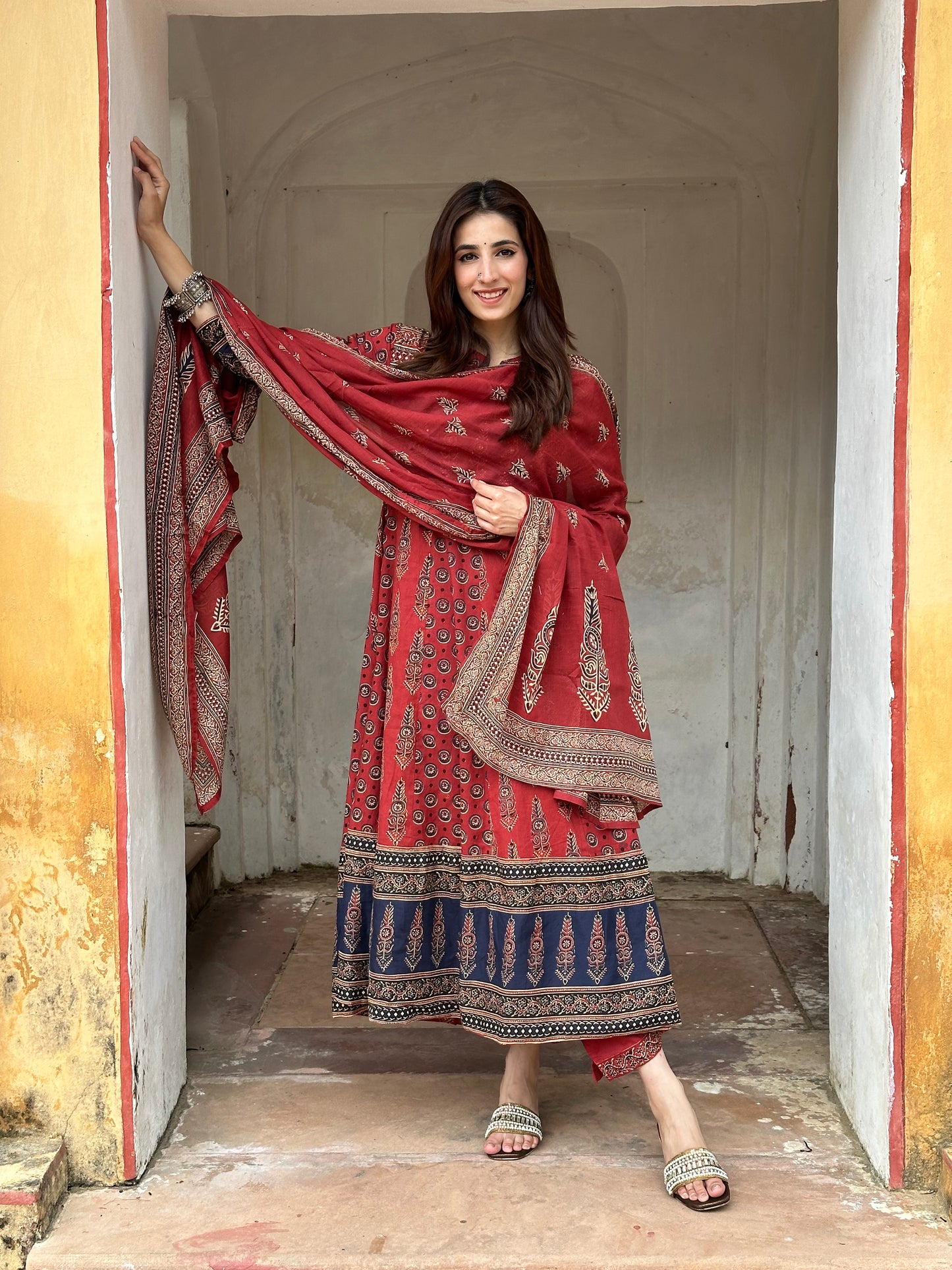 Ajrakh Anarkali Suit set-Red Colour