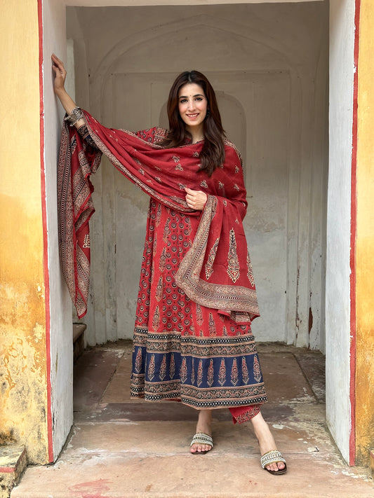 Ajrakh Anarkali Suit set-Red Colour