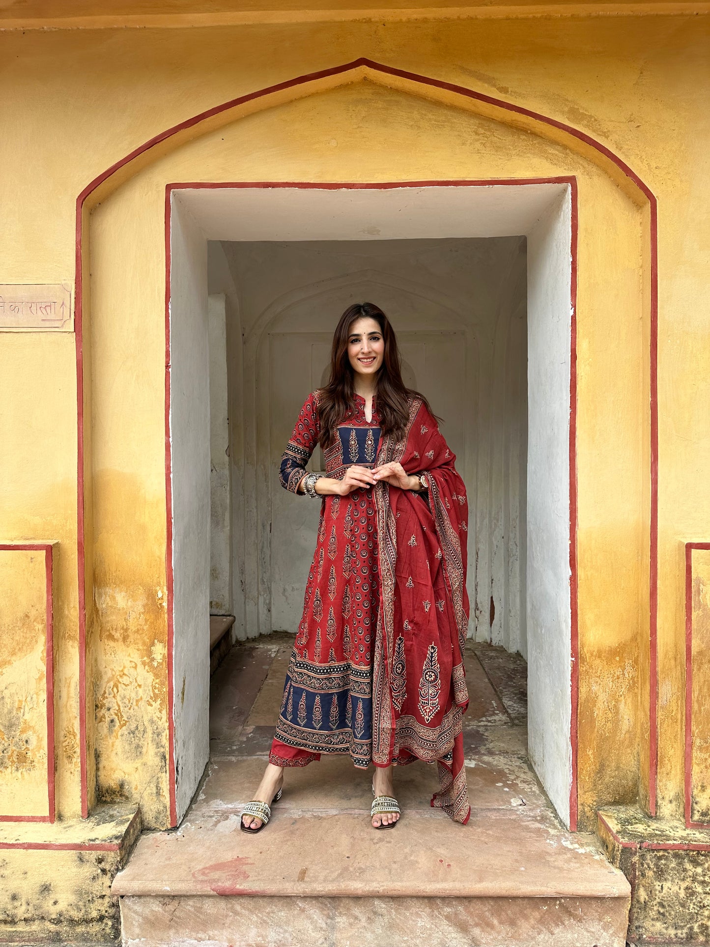 Ajrakh Anarkali Suit set-Red Colour