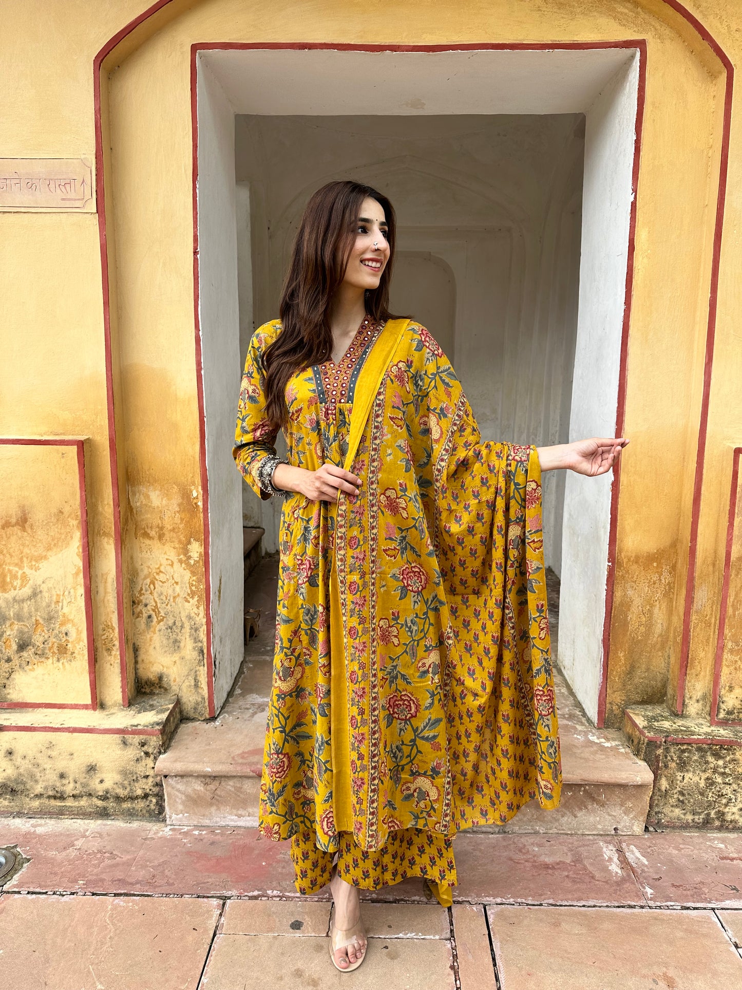 Bagicha A line Suit set-Yellow Colour