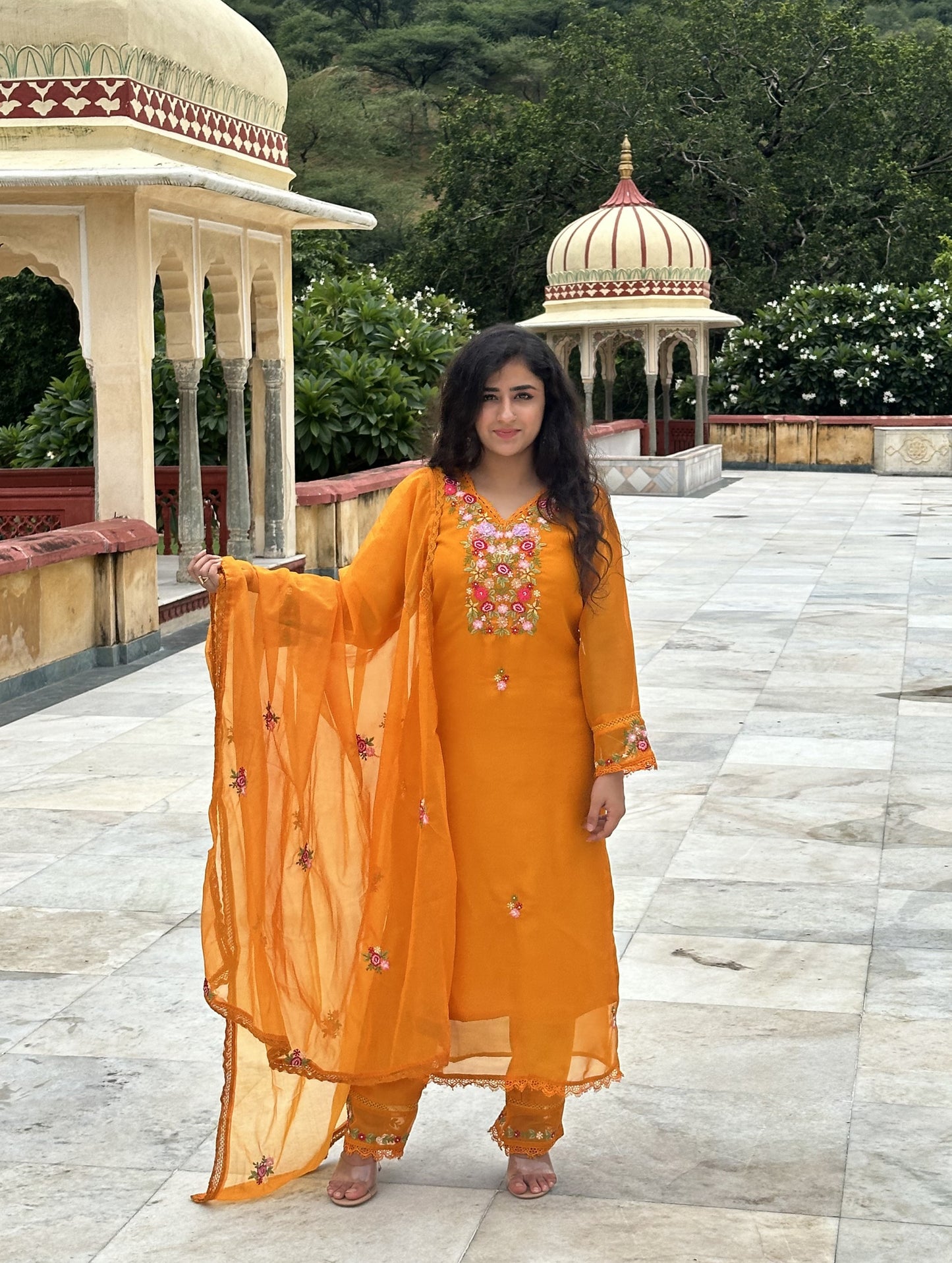 Viscose Organza Embroidered Suit Set-Mustard Colour