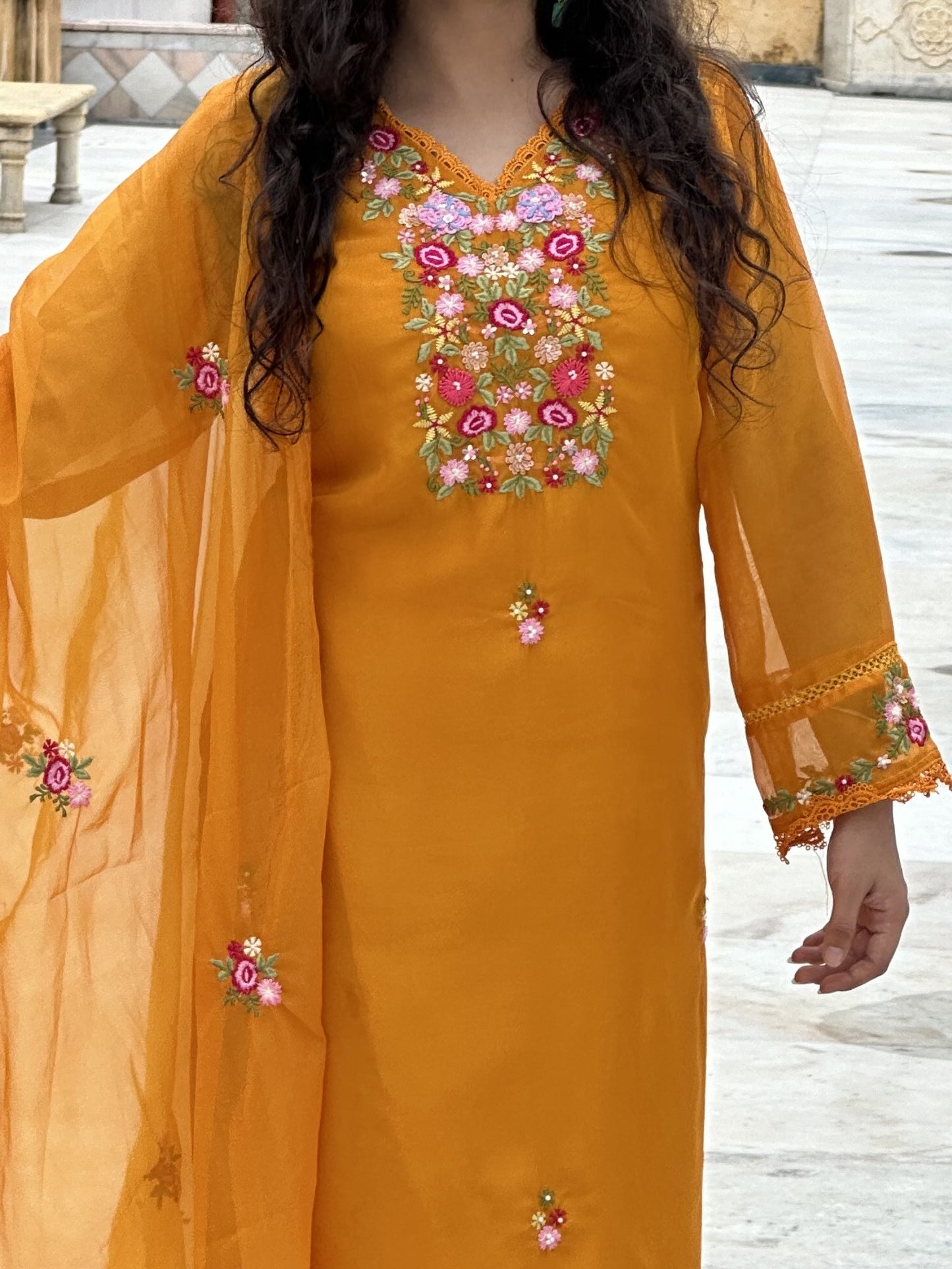 Viscose Organza Embroidered Suit Set-Mustard Colour