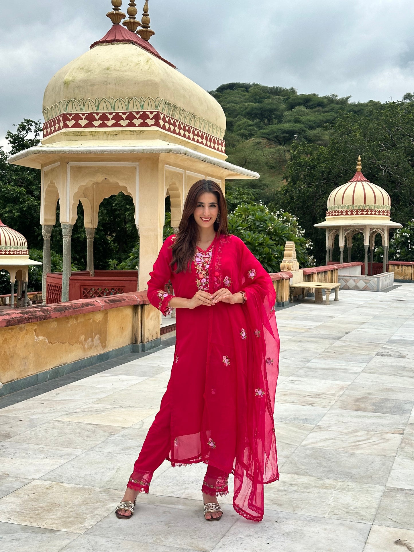 Viscose Organza Embroidered Suit Set-Pink Colour